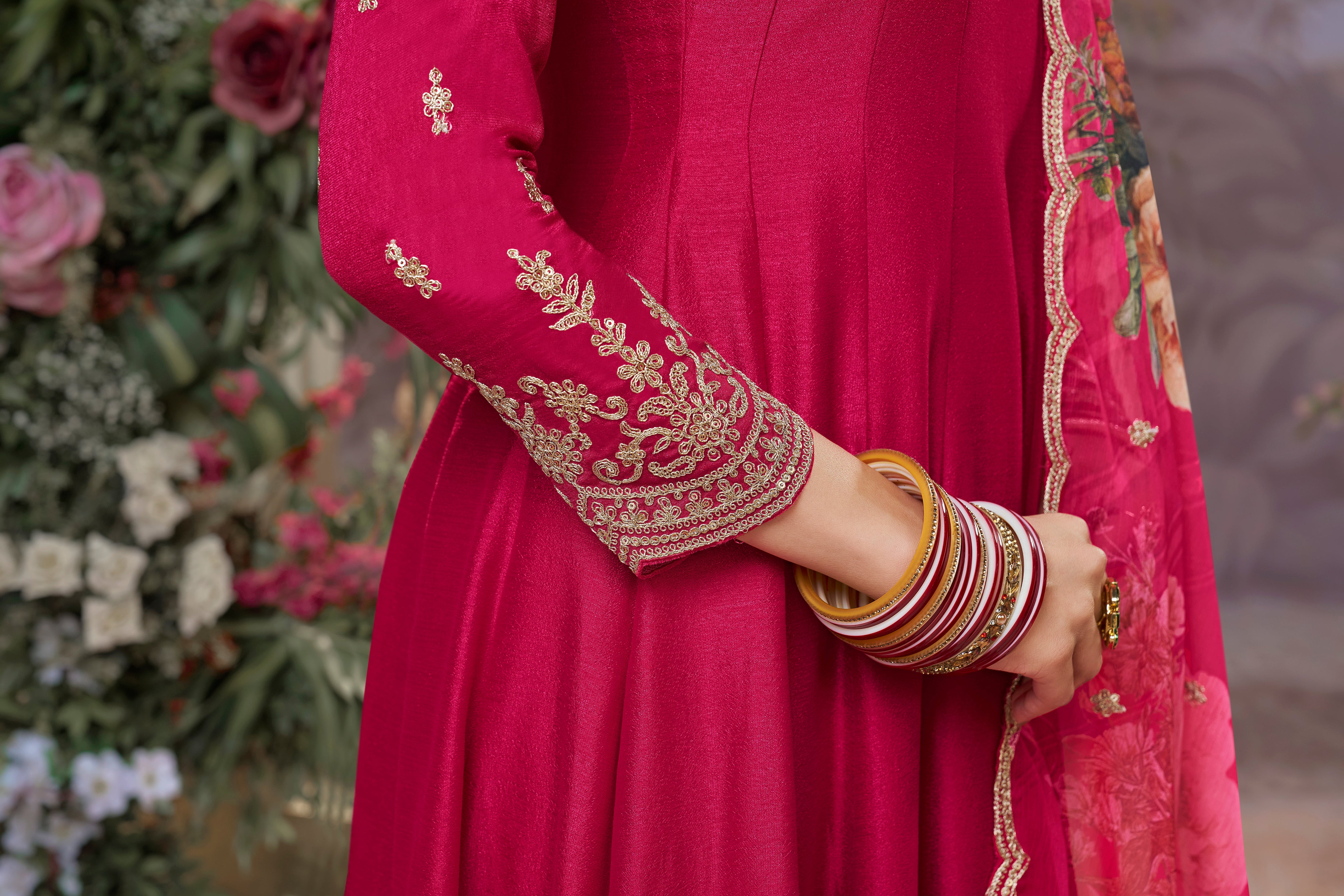 Rani Pink Embellished Raw Silk Anarkali Set