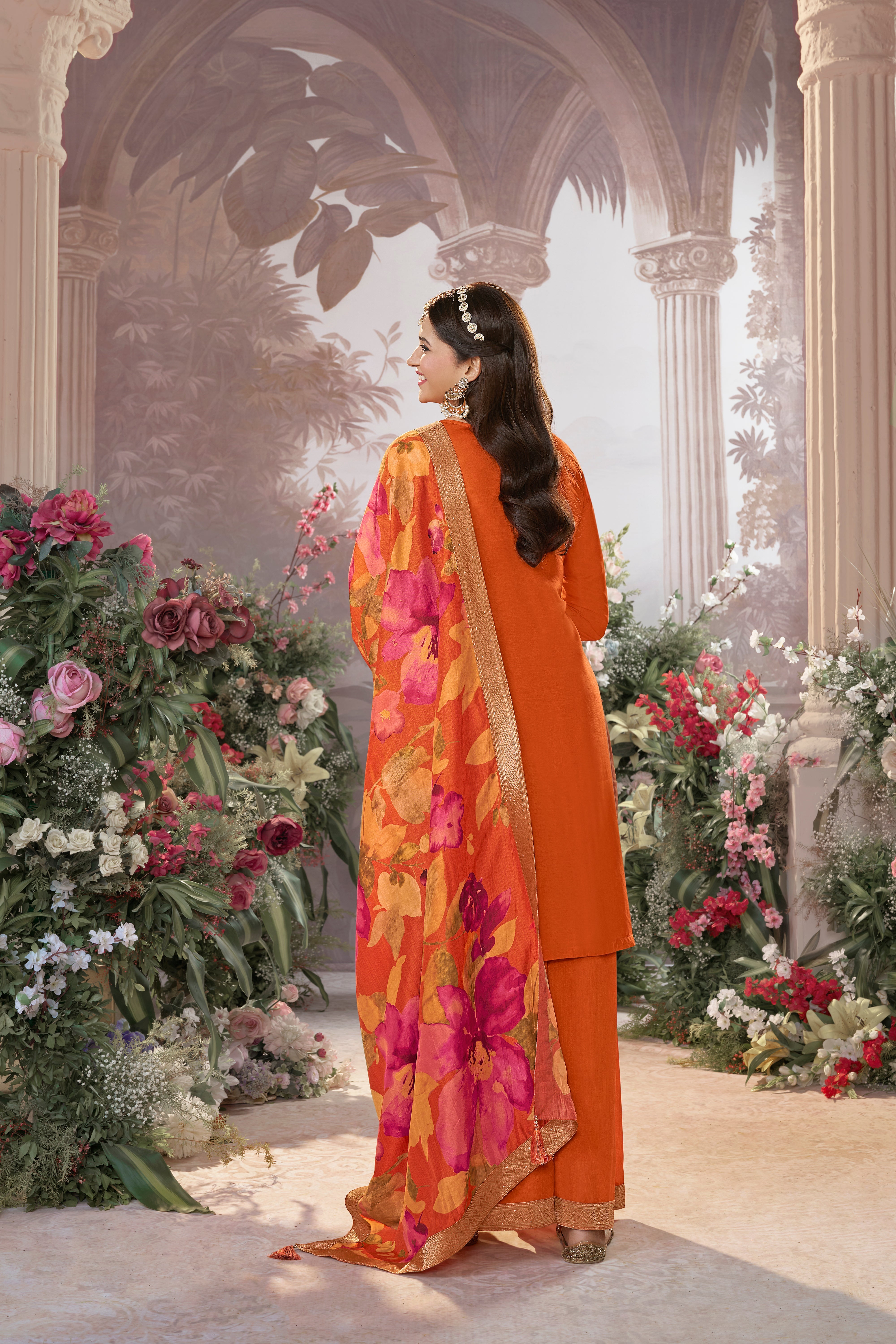 Vibrant Orange Embellished Brocade Silk Palazzo Set