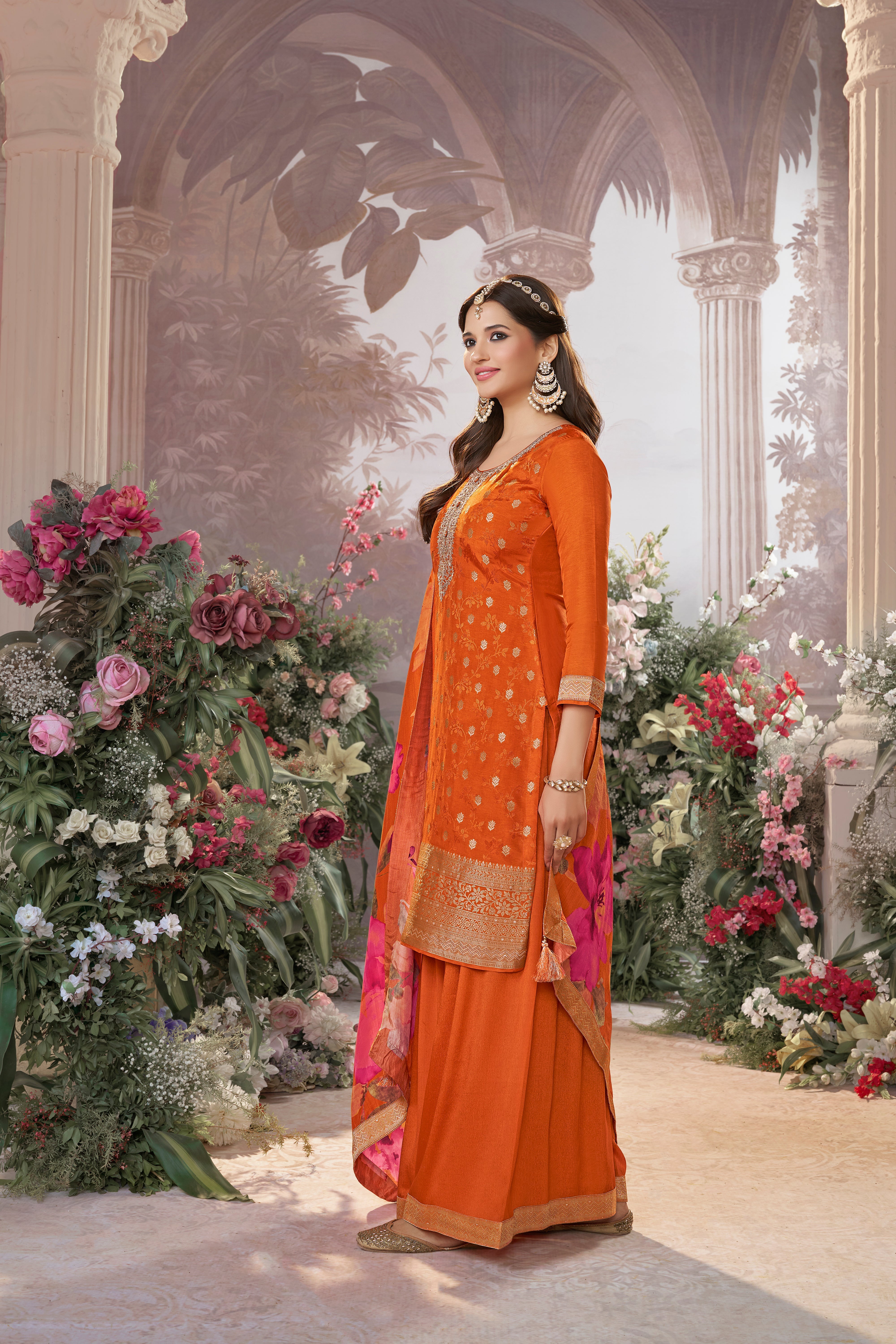 Vibrant Orange Embellished Brocade Silk Palazzo Set