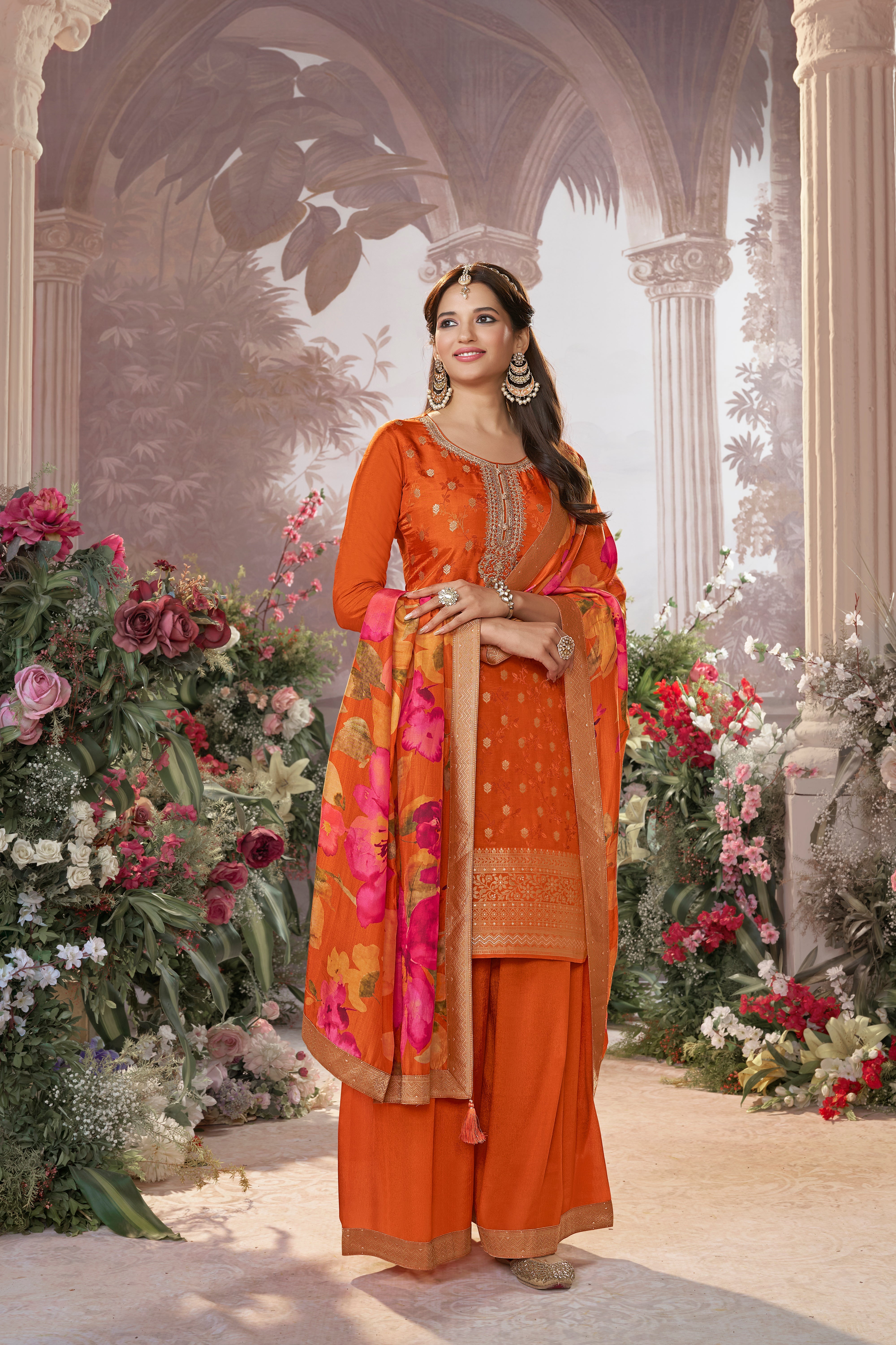 Vibrant Orange Embellished Brocade Silk Palazzo Set