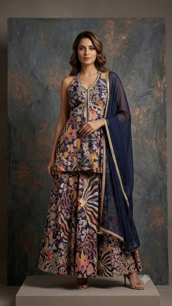 Navy Blue Embellished Satin Silk Palazzo Set