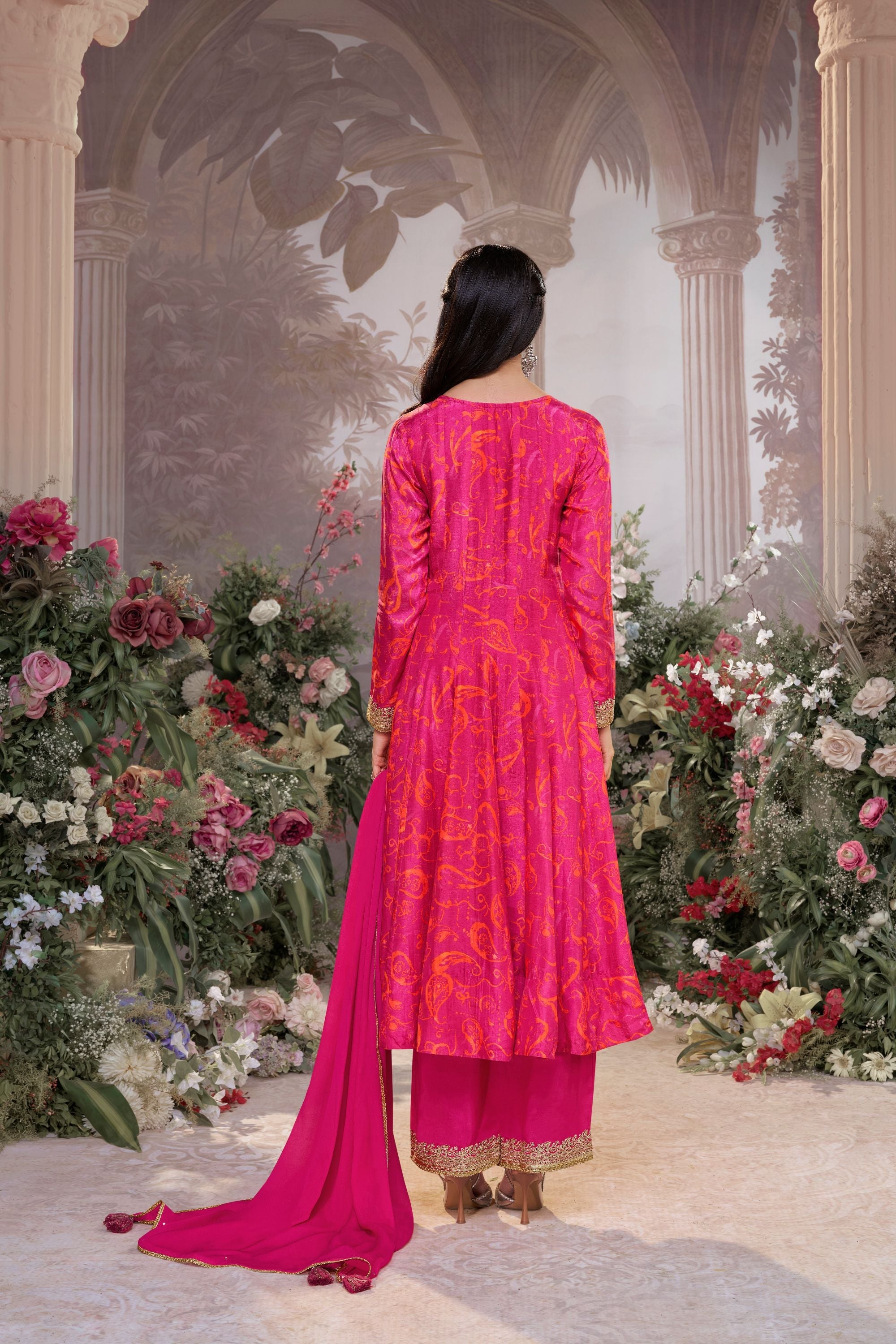 Pink Printed Premium Silk Pants Set