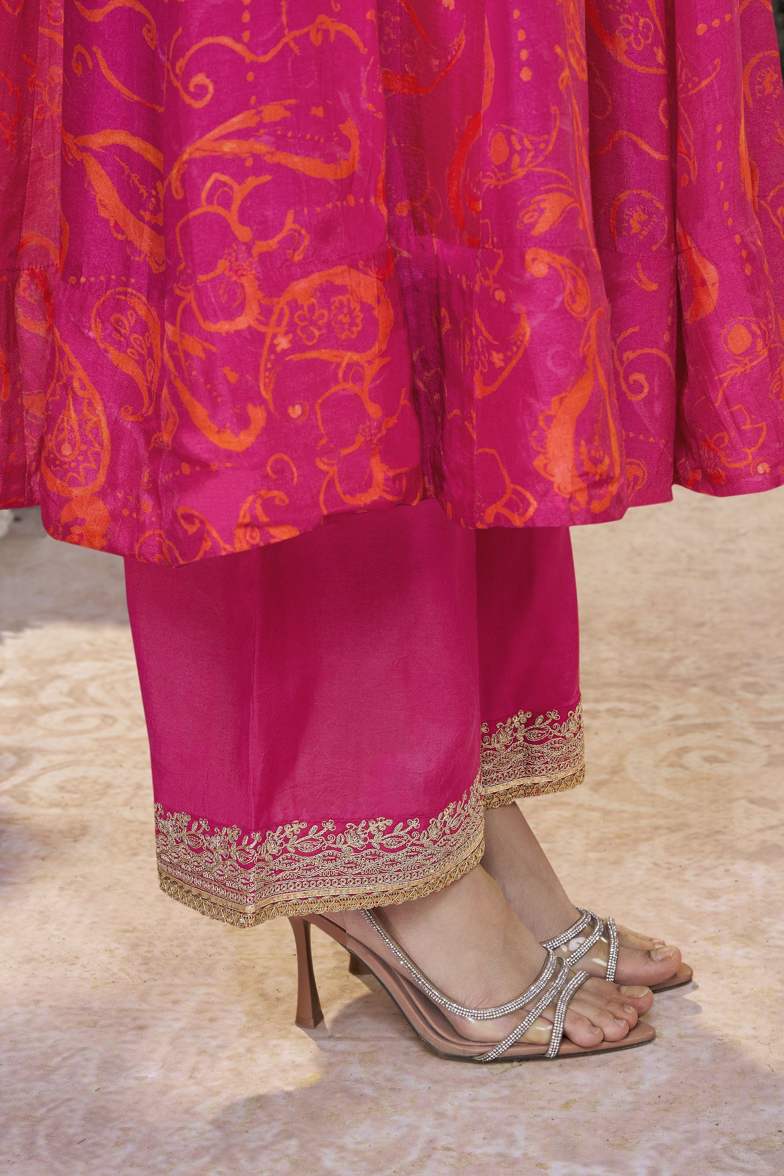 Pink Printed Premium Silk Pants Set