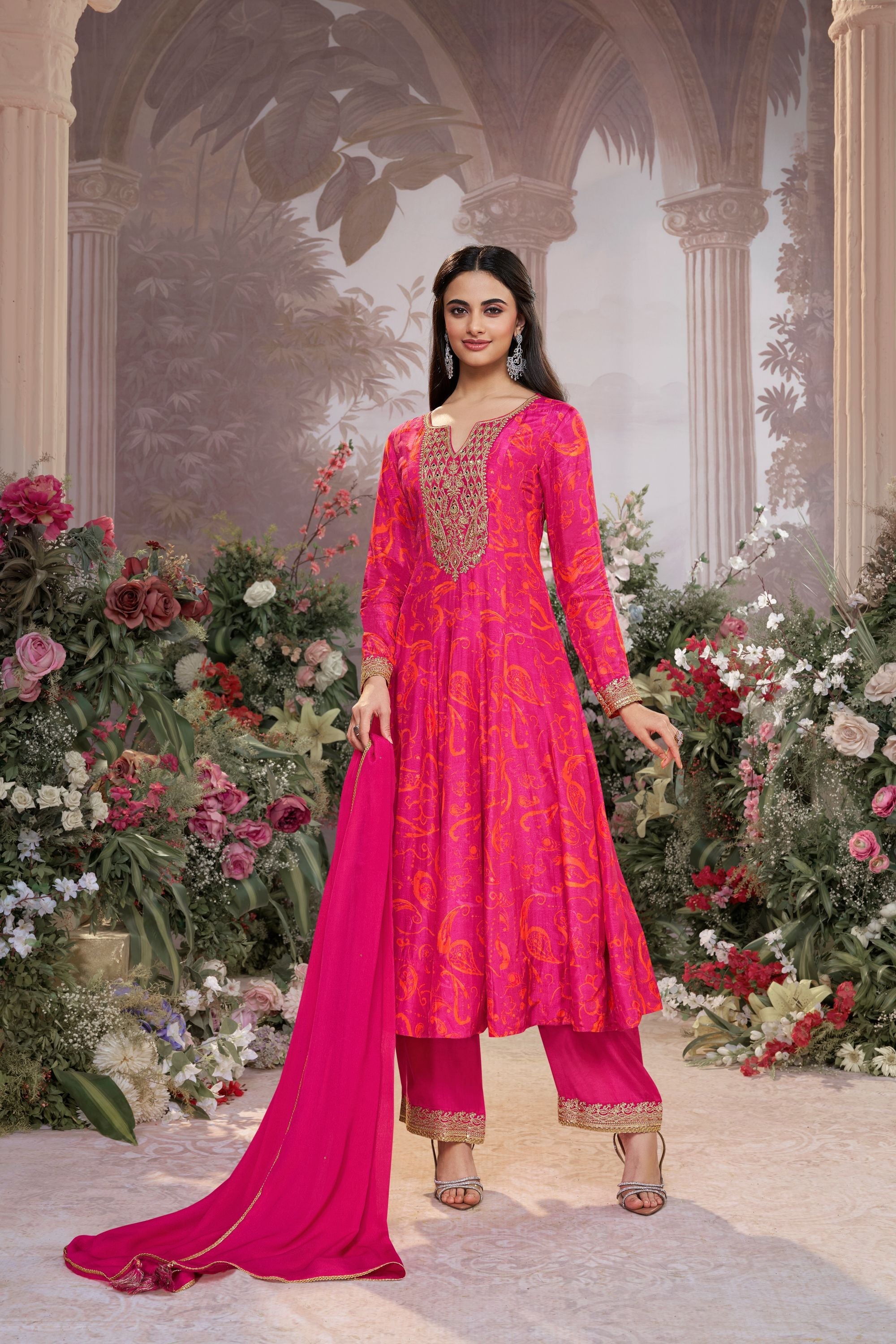 Pink Printed Premium Silk Pants Set