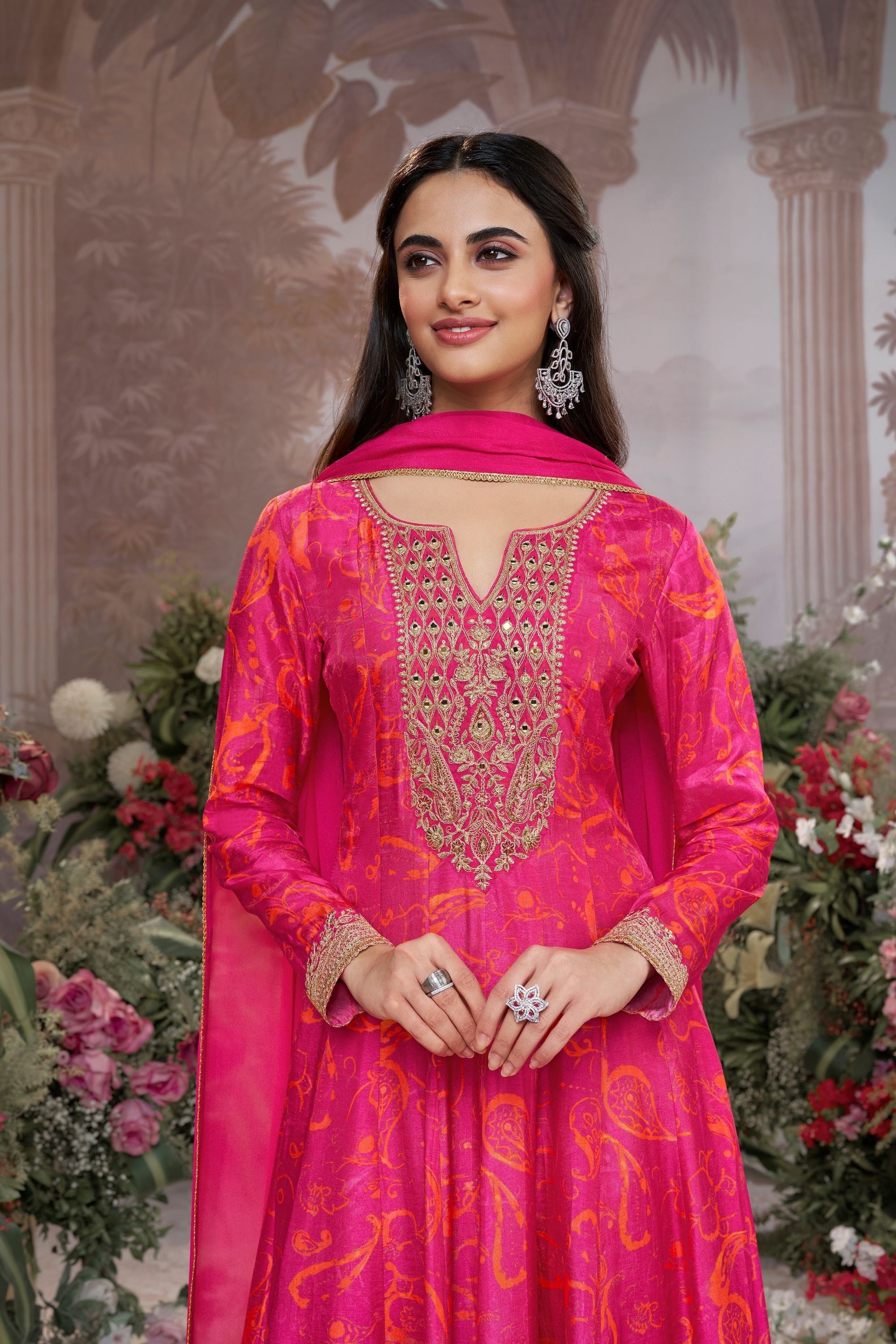 Pink Printed Premium Silk Pants Set