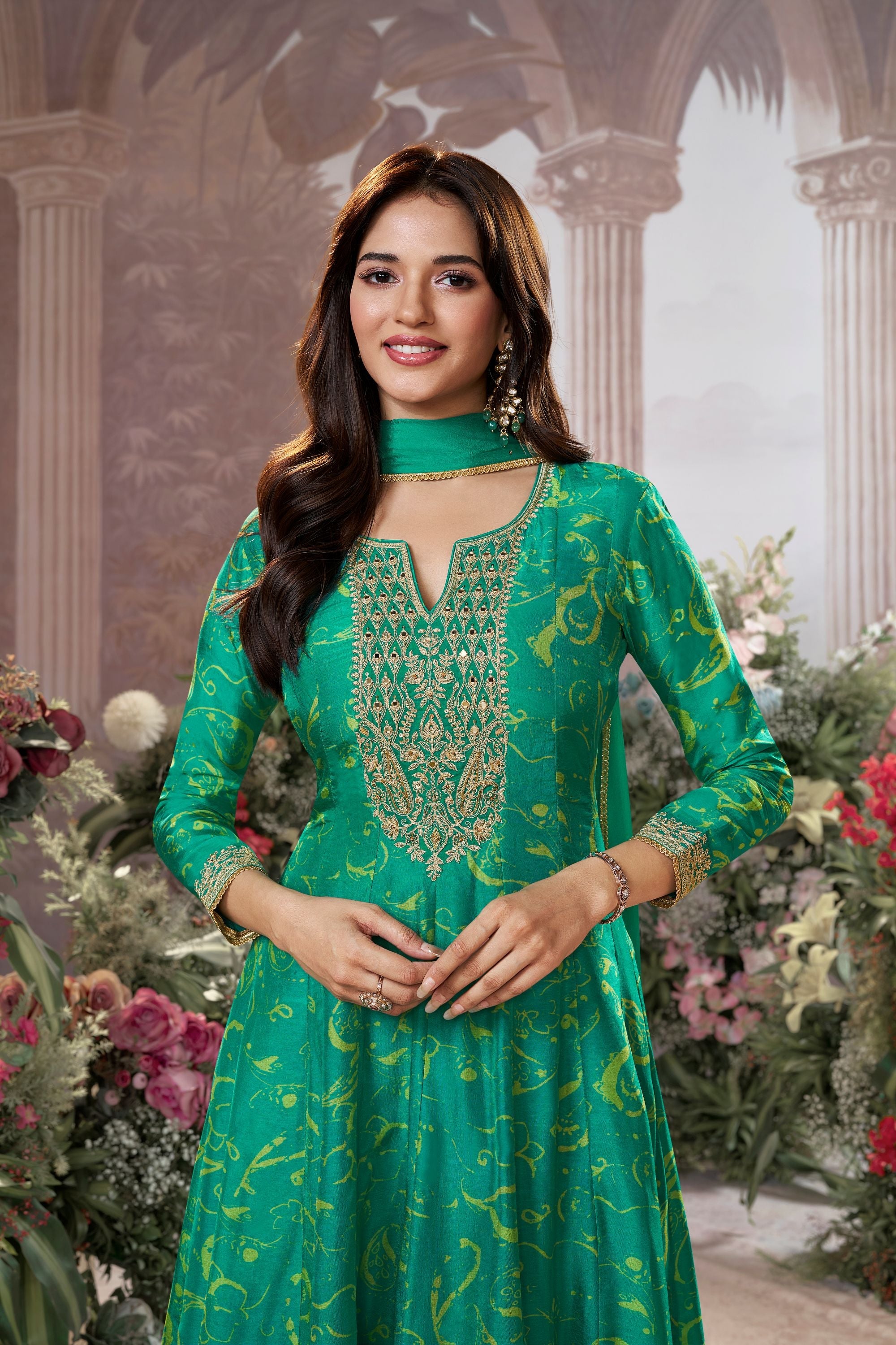 Turquoise Green Printed Premium Silk Pants Set