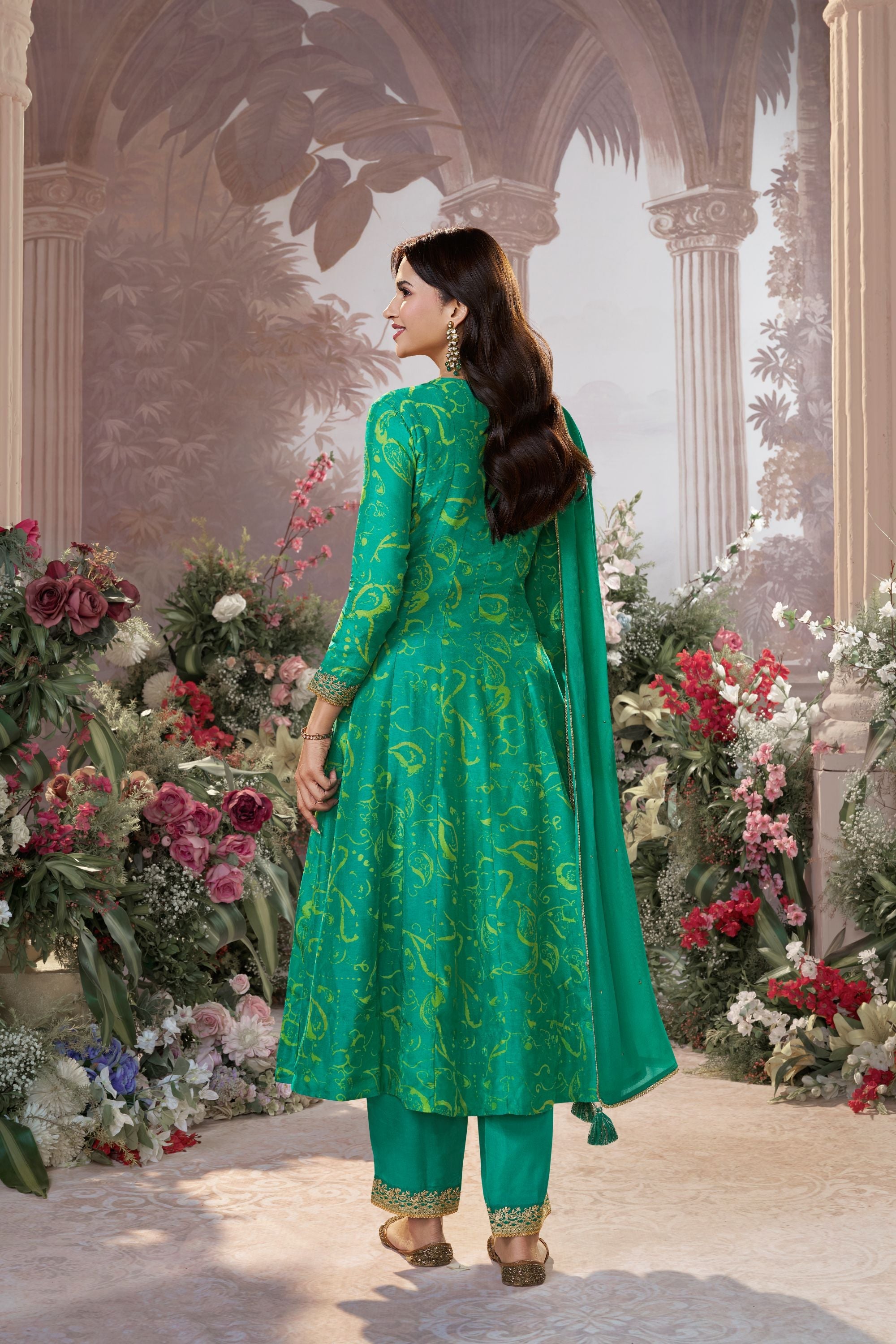 Turquoise Green Printed Premium Silk Pants Set