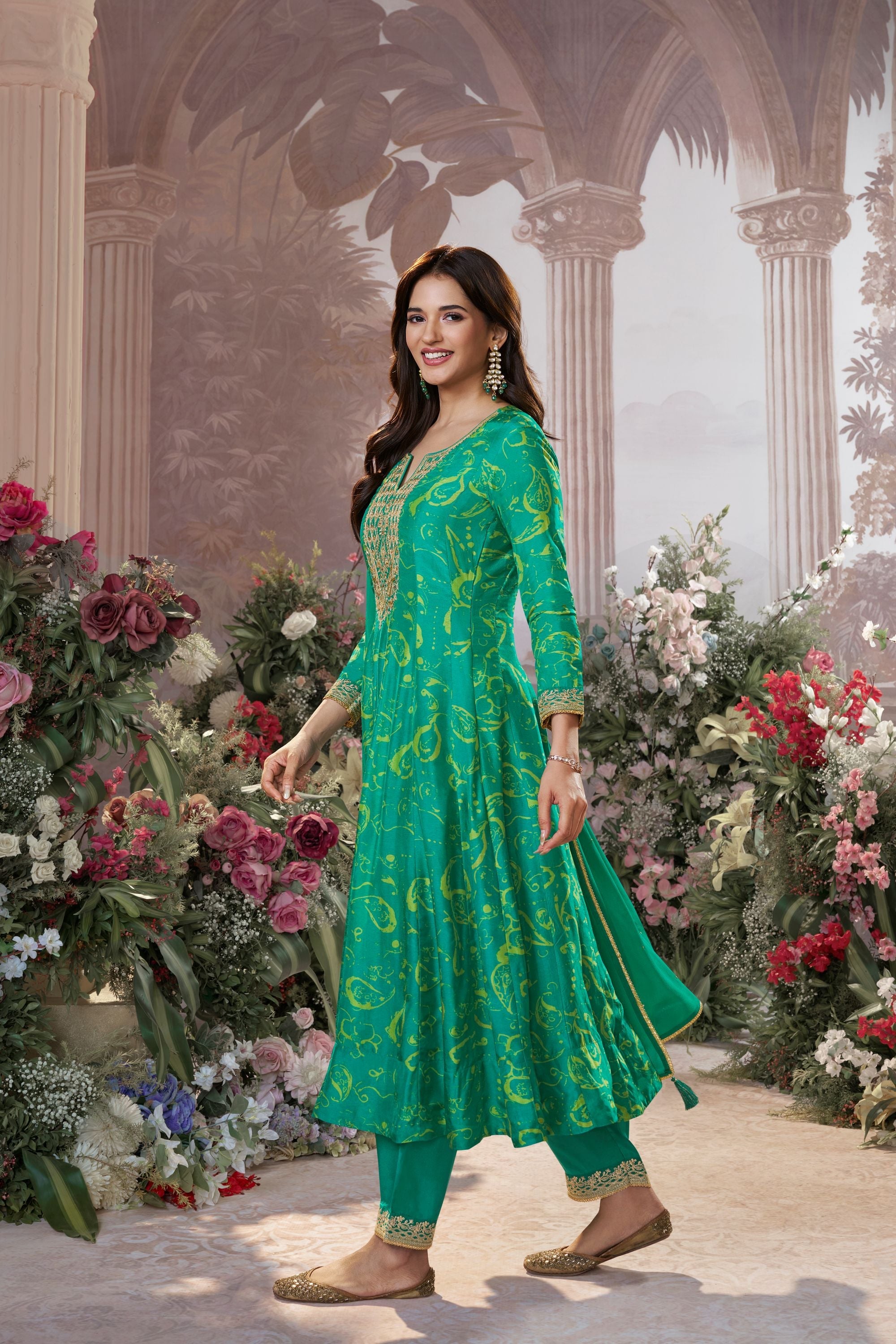 Turquoise Green Printed Premium Silk Pants Set