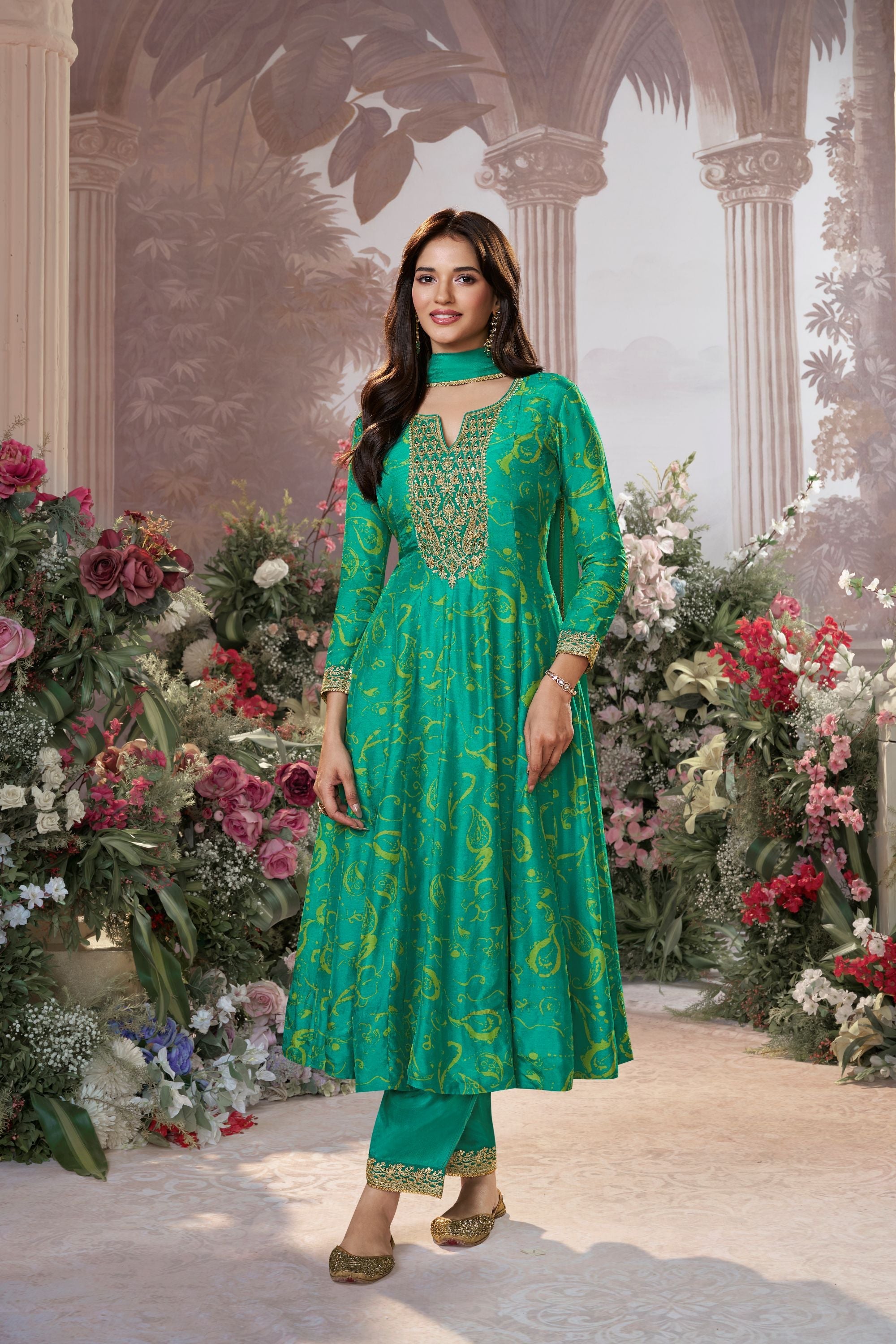 Turquoise Green Printed Premium Silk Pants Set