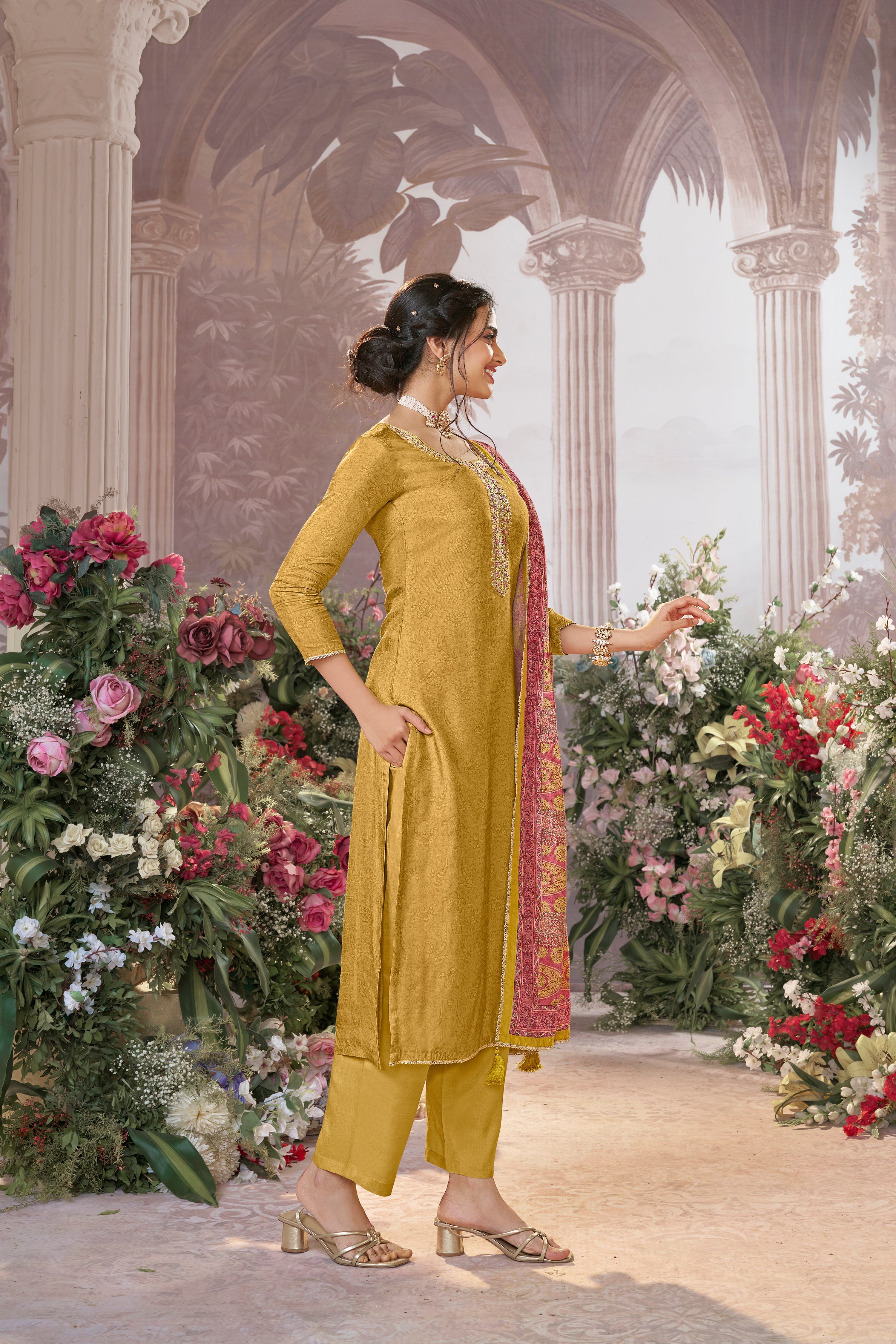 Light Yellow Embellished Premium Silk Pant Set