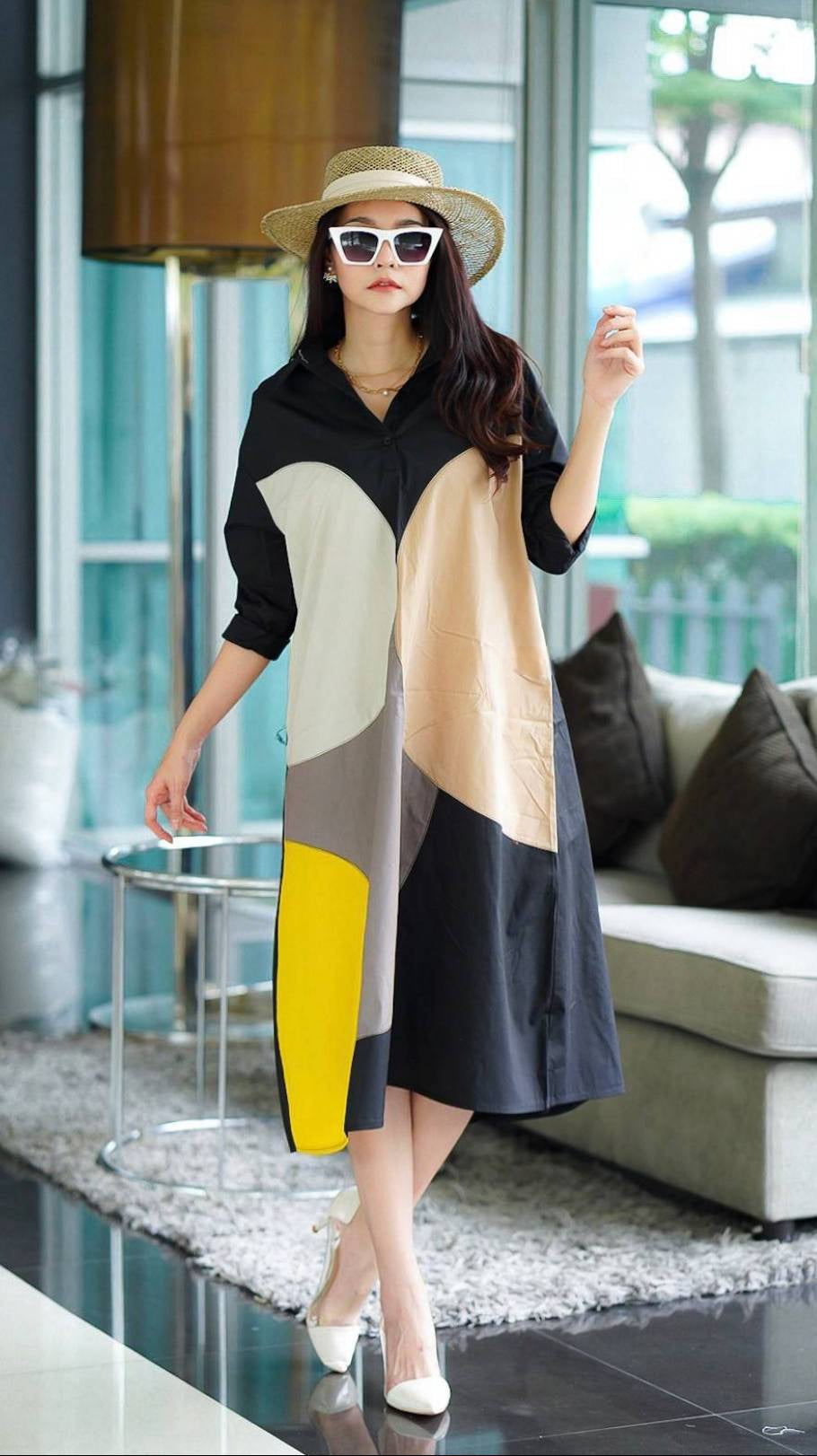 Jet Black Printed Cotton Blend Tunic Dress