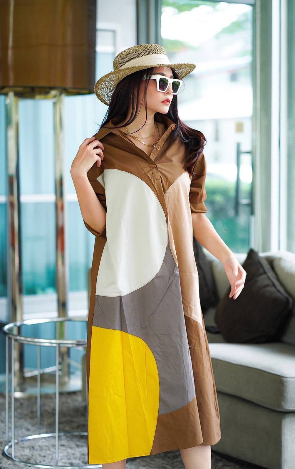 Caramel Brown Printed Cotton Blend Tunic Dress