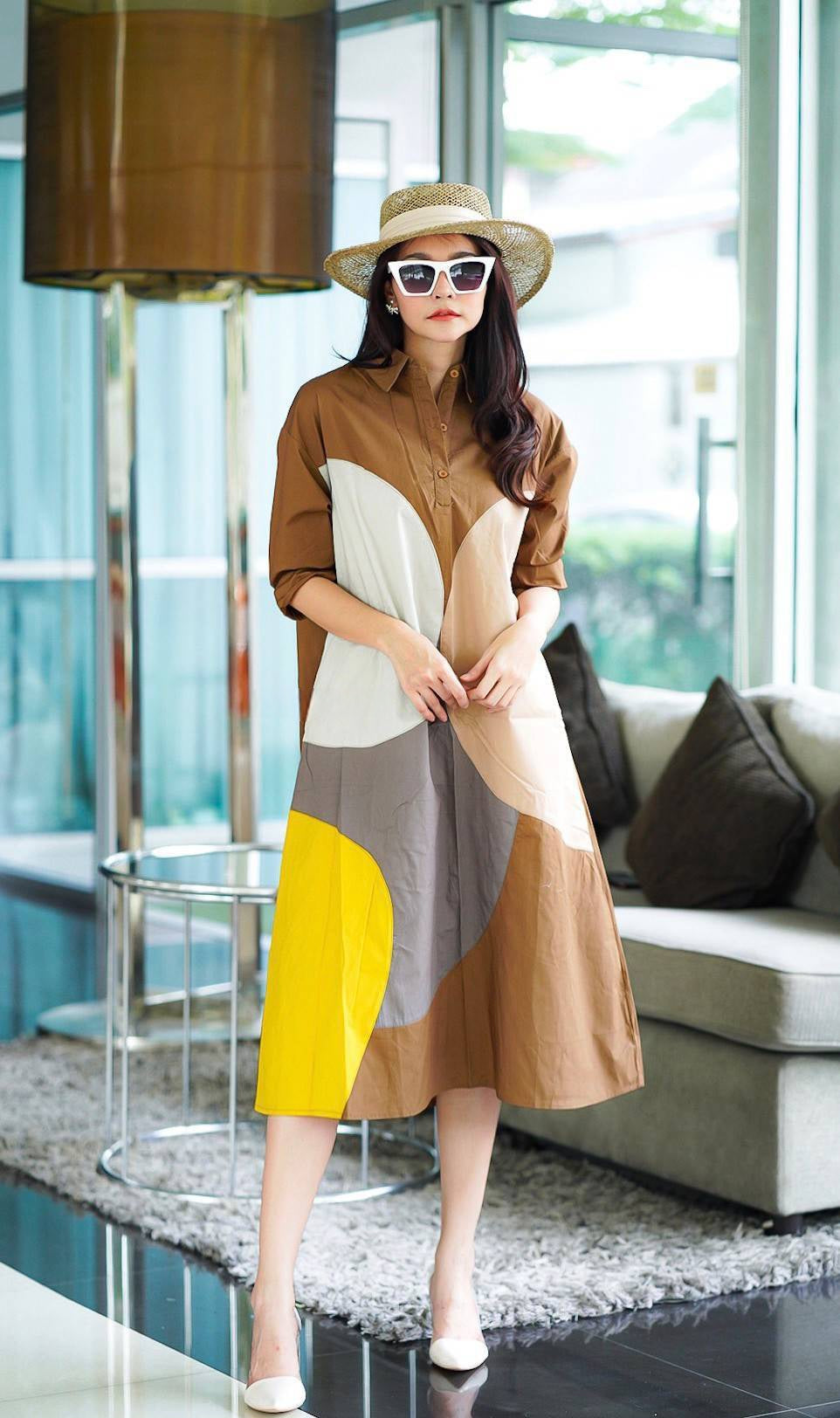 Caramel Brown Printed Cotton Blend Tunic Dress