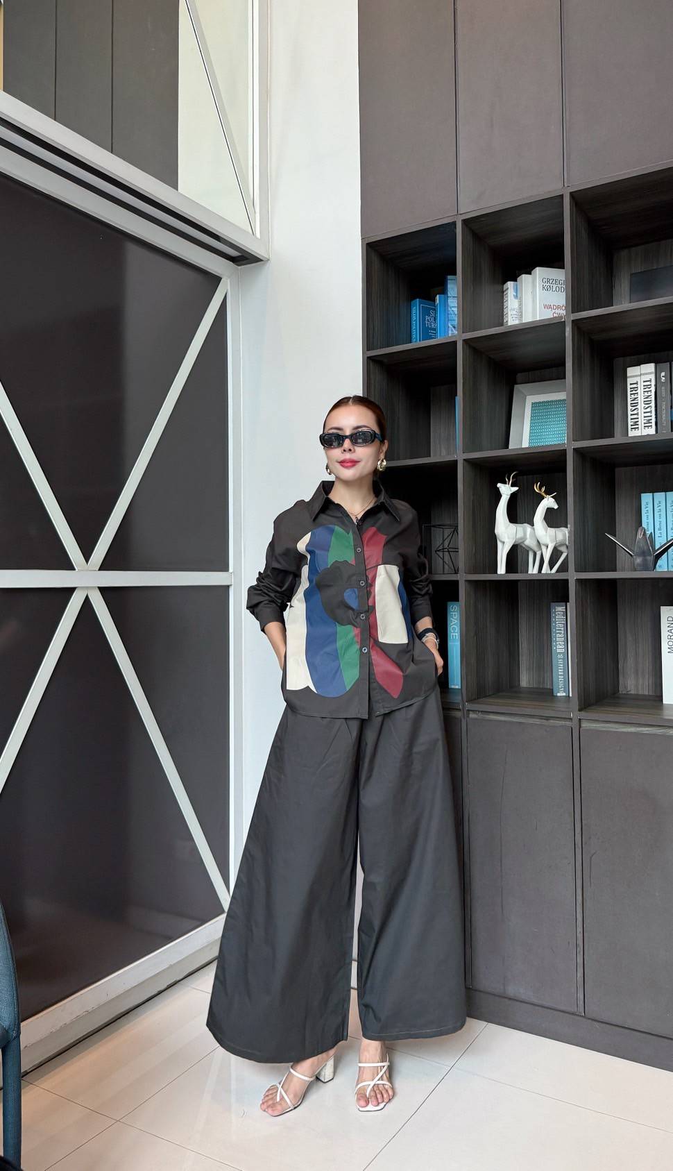 Charcoal Grey Printed Cotton Twill Co-Ord Set