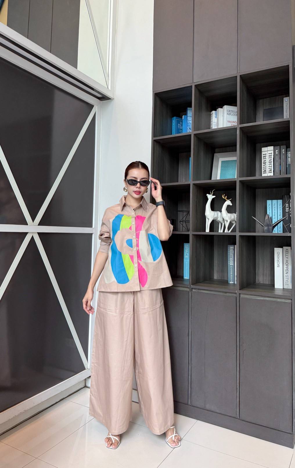Dusty Beige Printed Cotton Twill Co-Ord Set