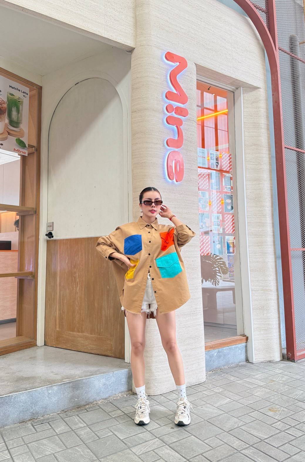Sand Tan Color-Block Pocket Oversized Denim Shirt