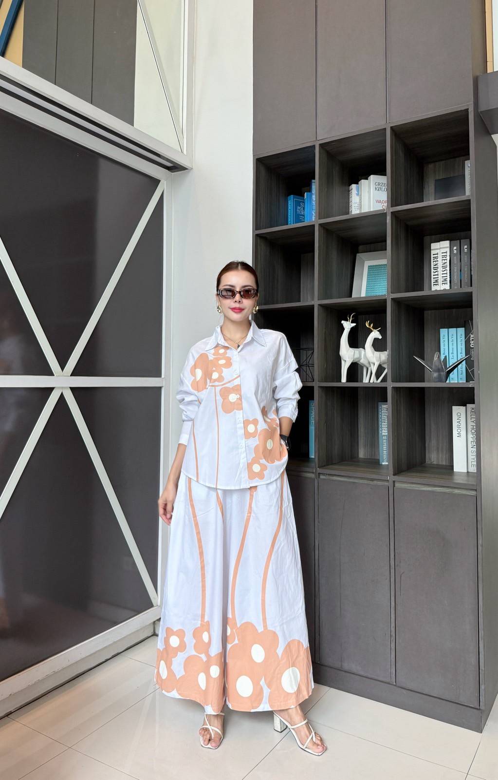 White Printed Cotton Satin Co-Ord Set