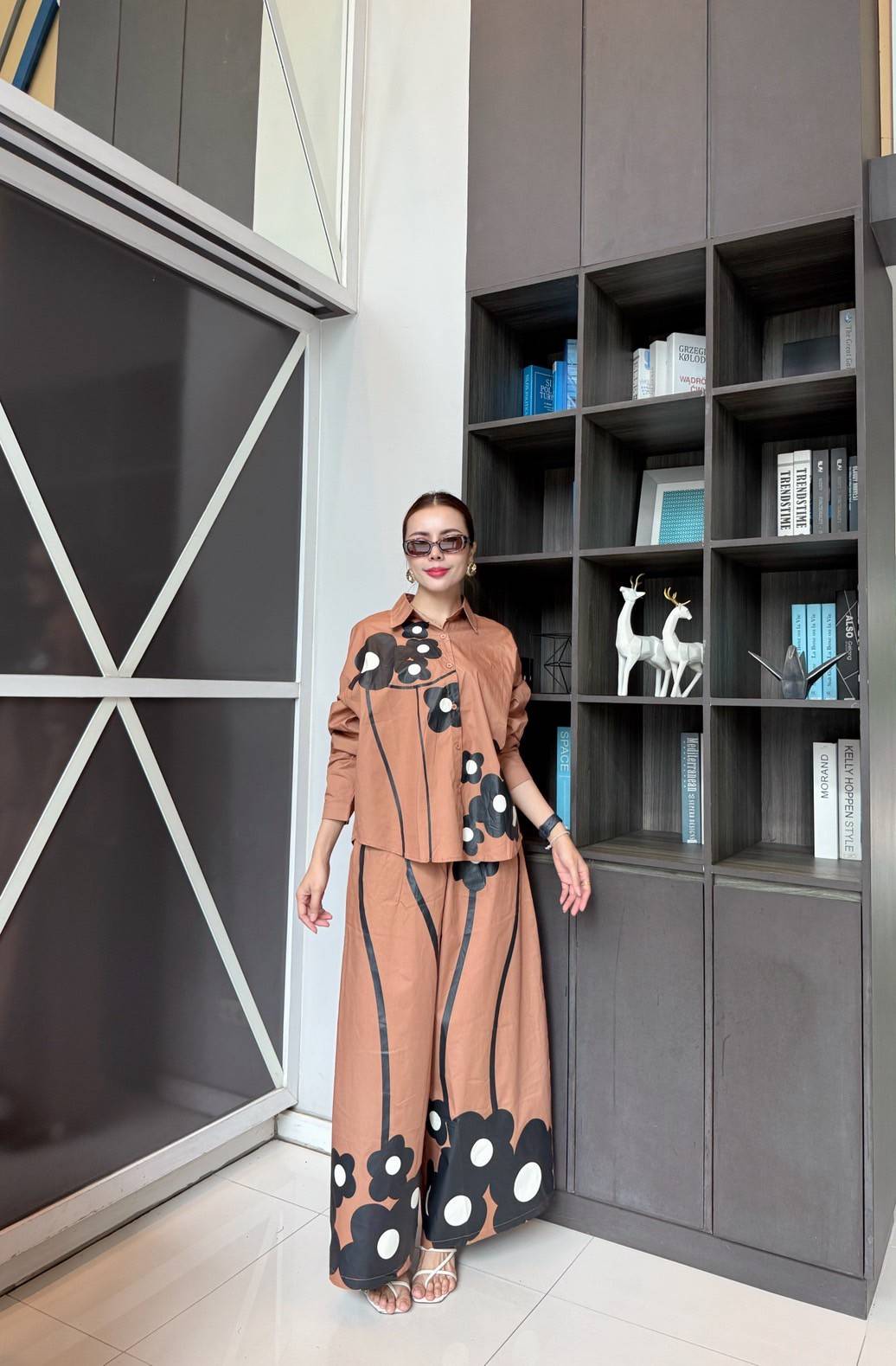 Terracotta Brown Printed Cotton Satin Co-Ord Set