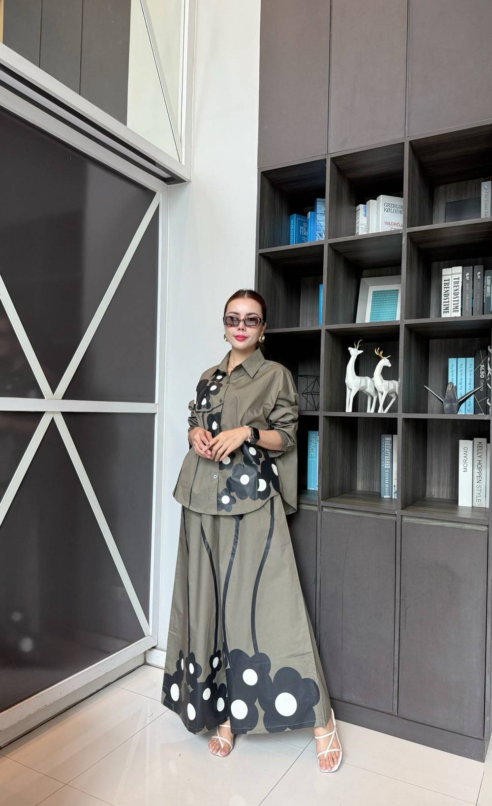 Olive Green Printed Cotton Satin Co-Ord Set