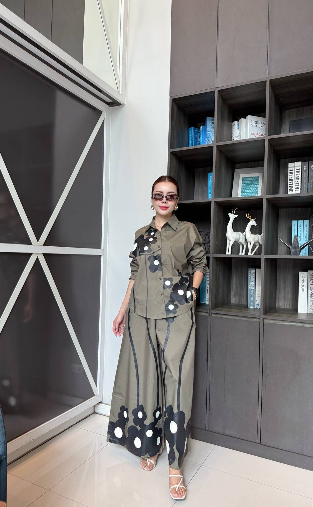 Olive Green Printed Cotton Satin Co-Ord Set