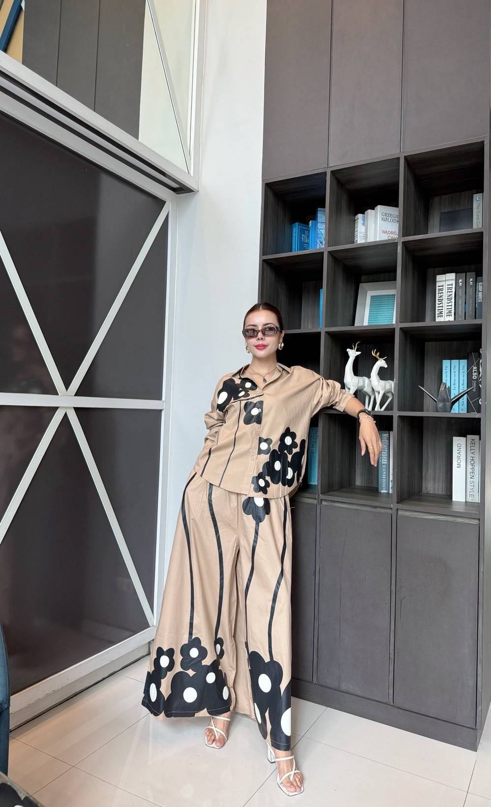 Beige Printed Cotton Satin Co-Ord Set