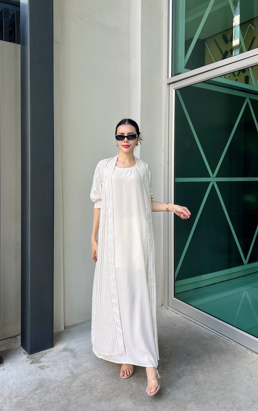 White Pinstripe Printed Crepe Silk Dress