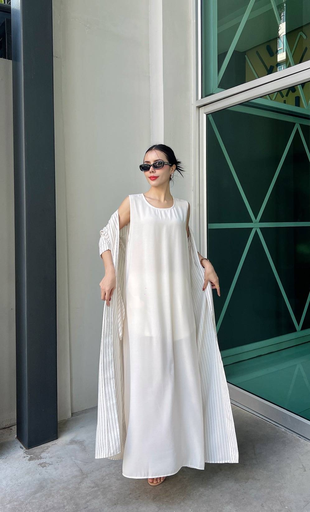 White Pinstripe Printed Crepe Silk Dress