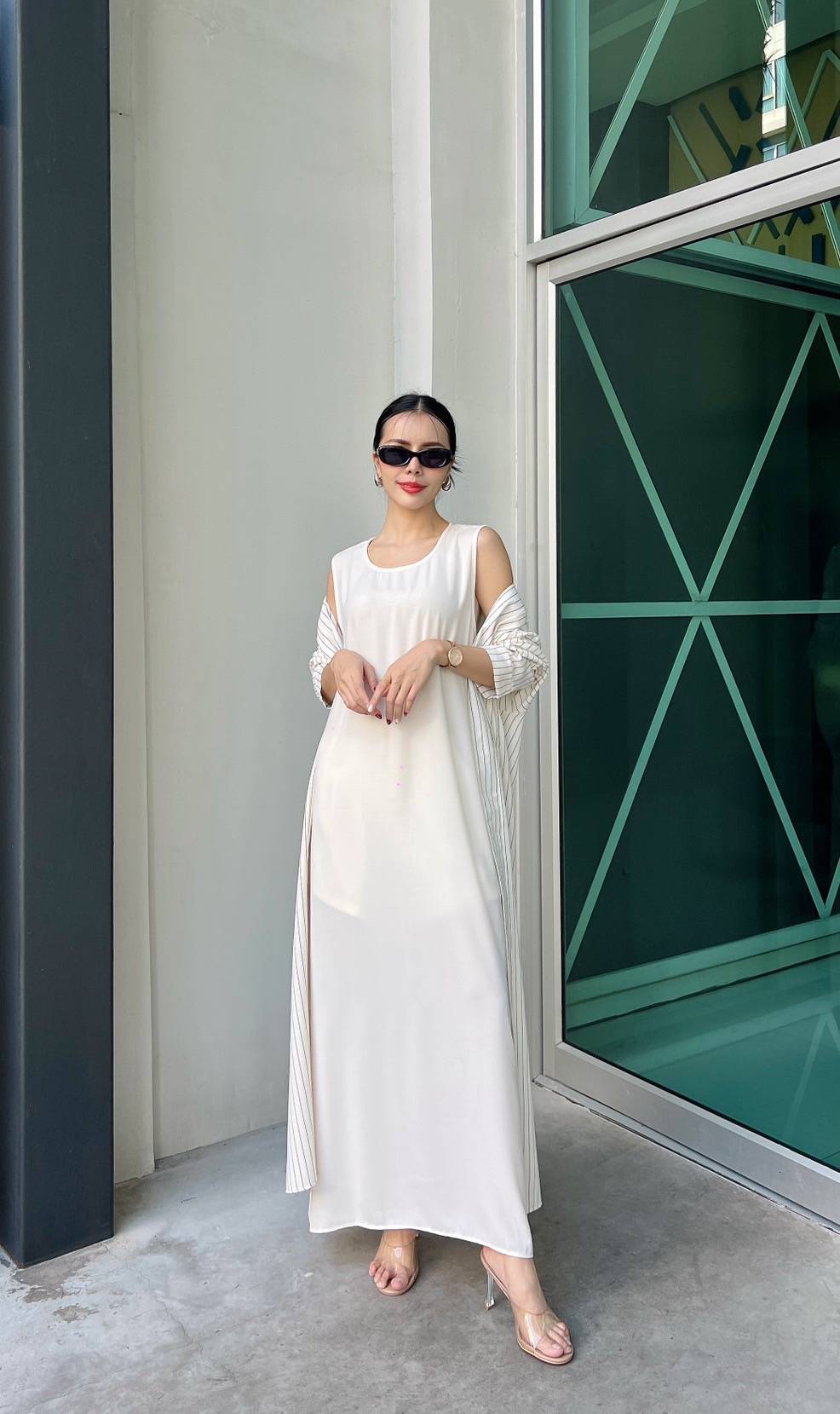 White Pinstripe Printed Crepe Silk Dress