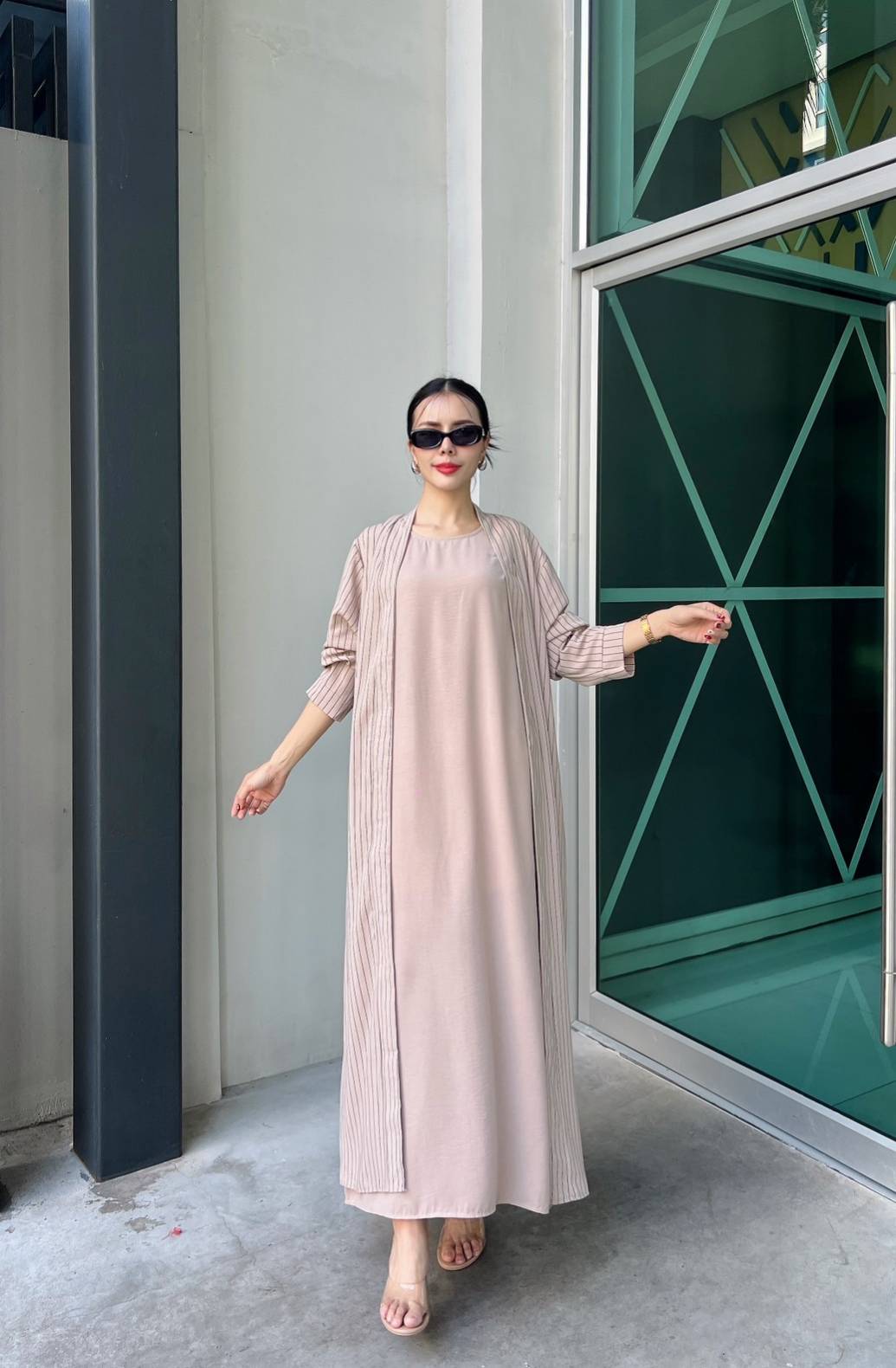 Nude Blush Pinstripe Printed Crepe Silk Dress