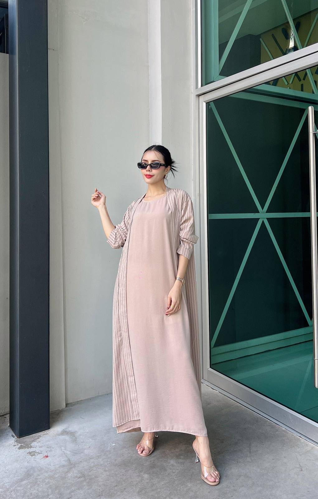 Nude Blush Pinstripe Printed Crepe Silk Dress