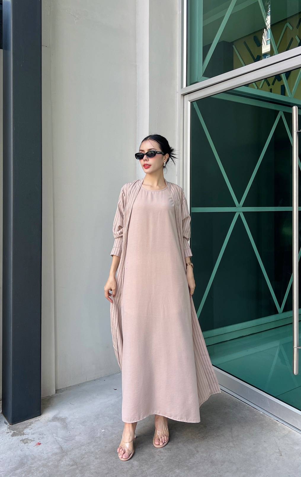 Nude Blush Pinstripe Printed Crepe Silk Dress