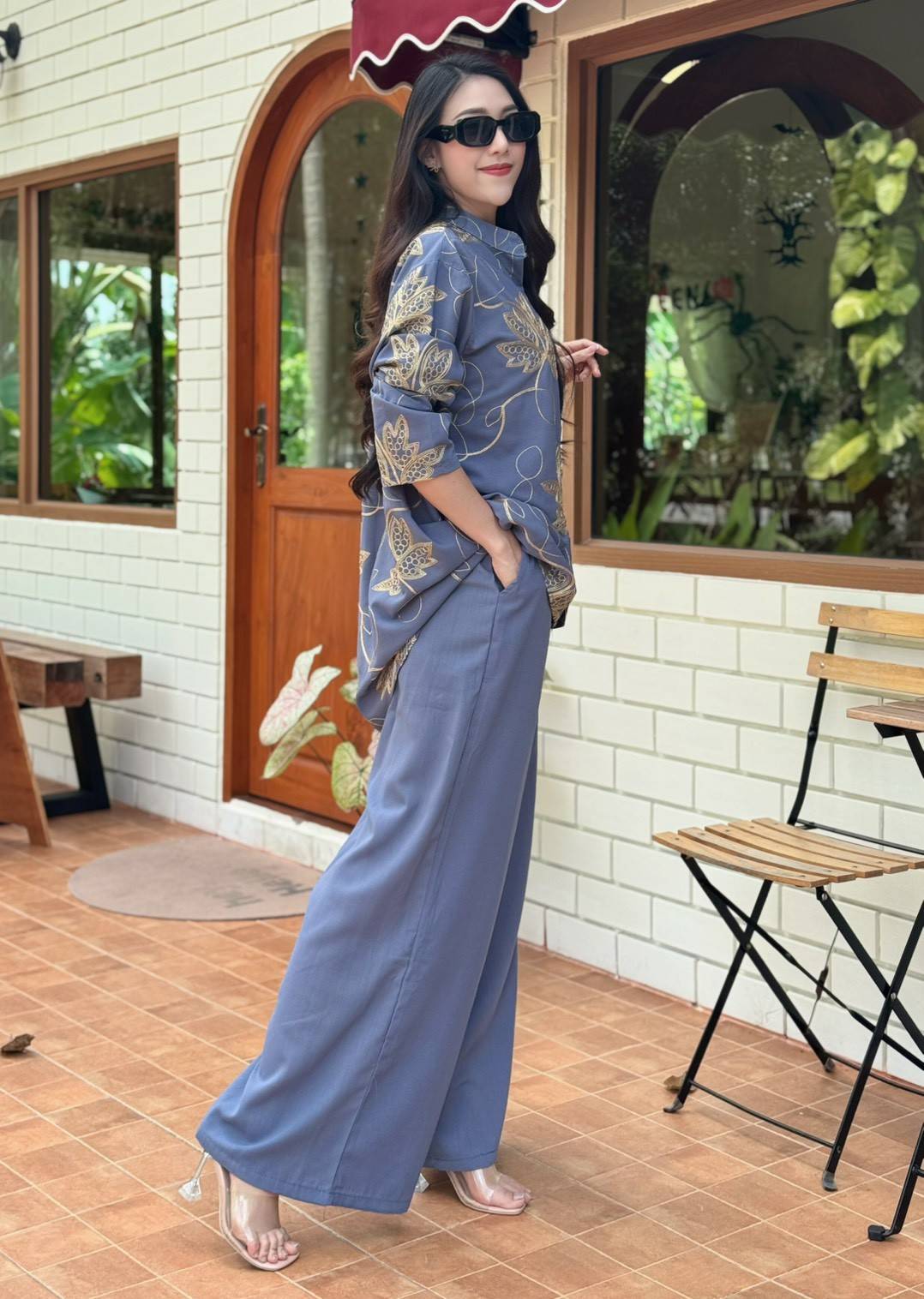 Dusty Blue Embellished Crepe Silk Co-Ord Set