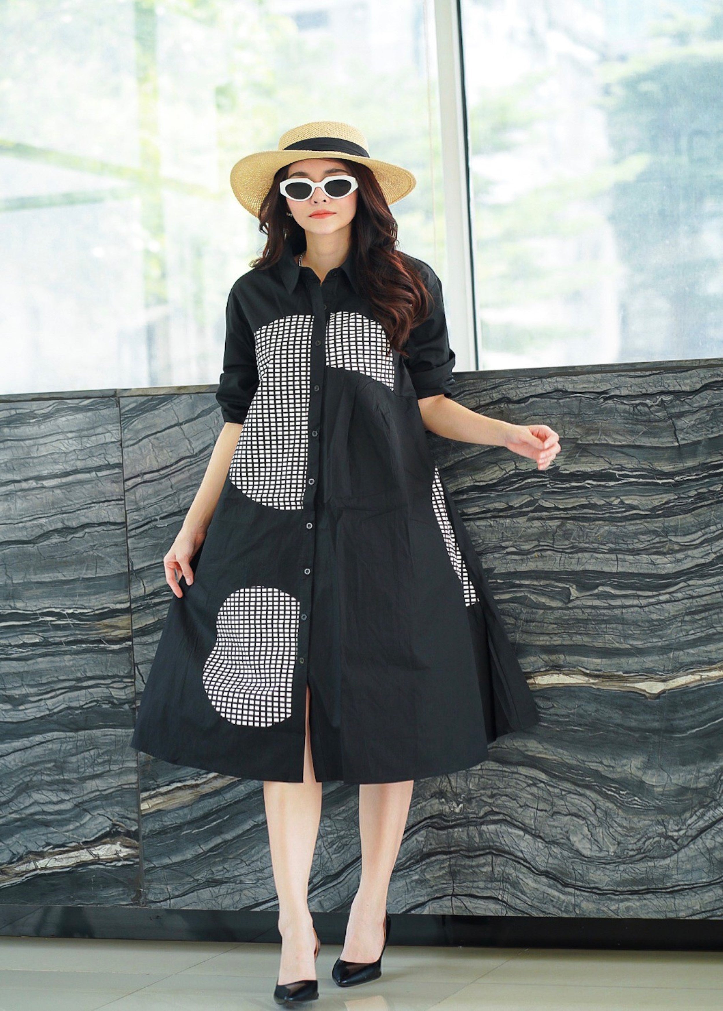 Black Geometric Printed Cotton Dress