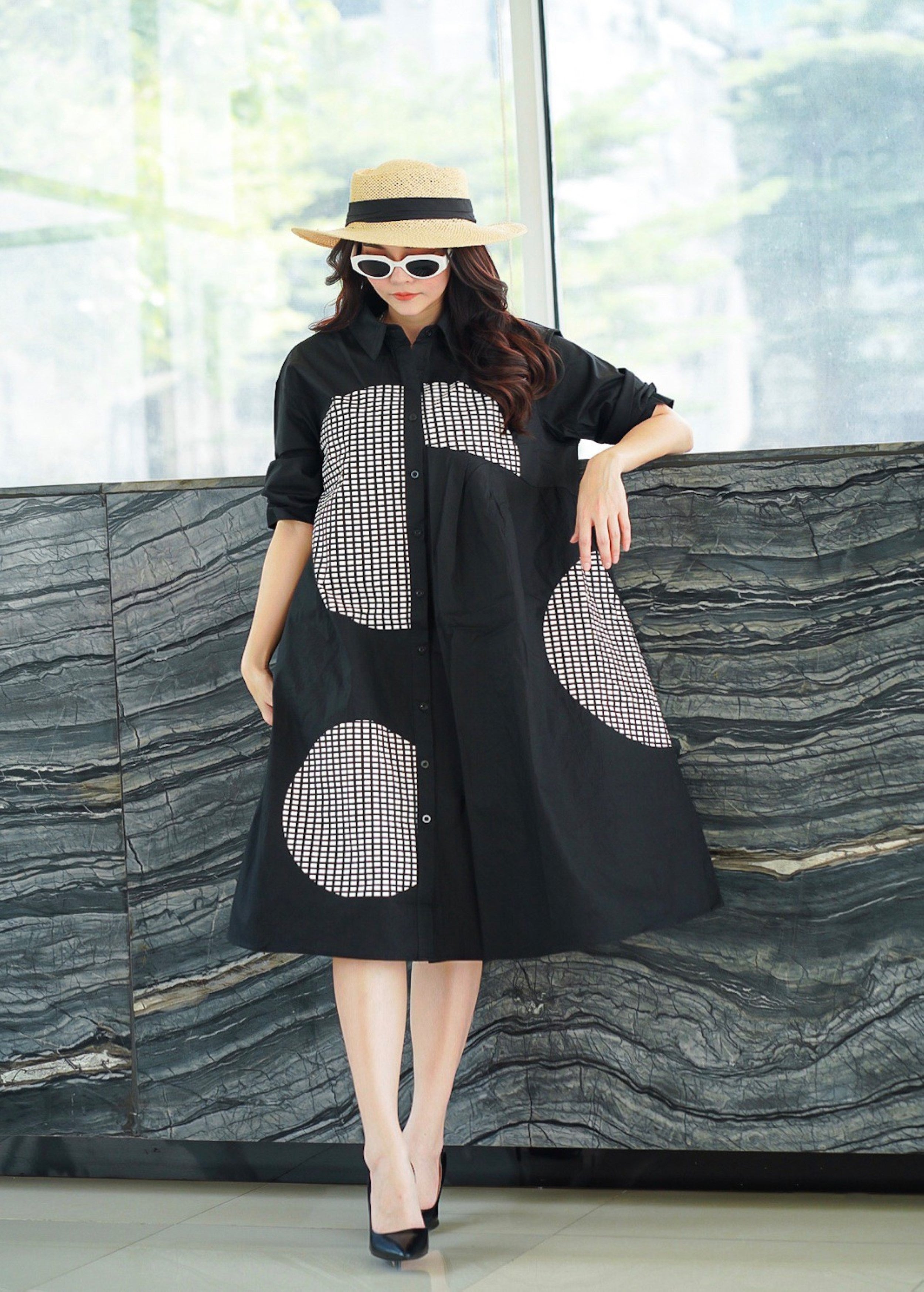 Black Geometric Printed Cotton Dress