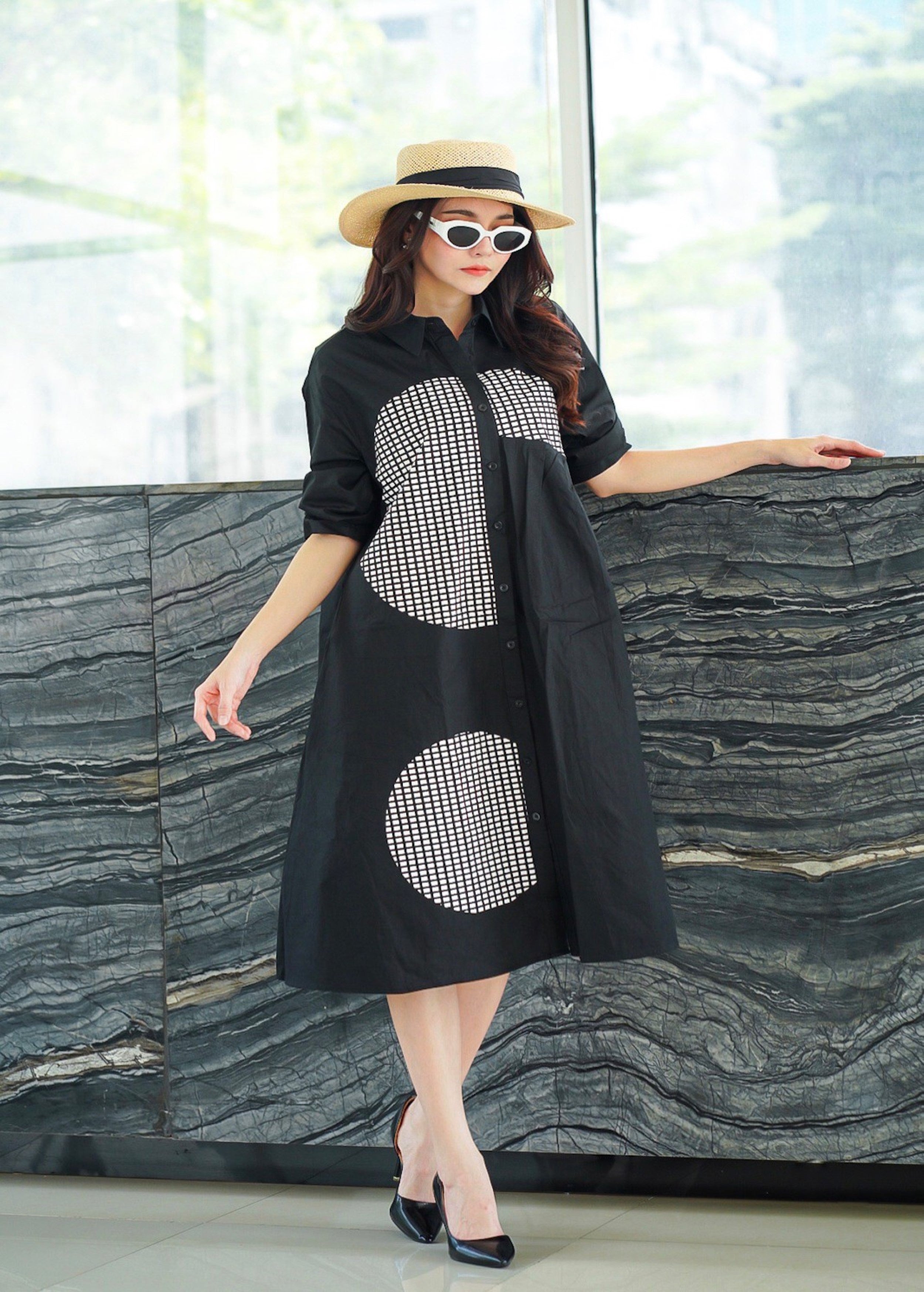Black Geometric Printed Cotton Dress