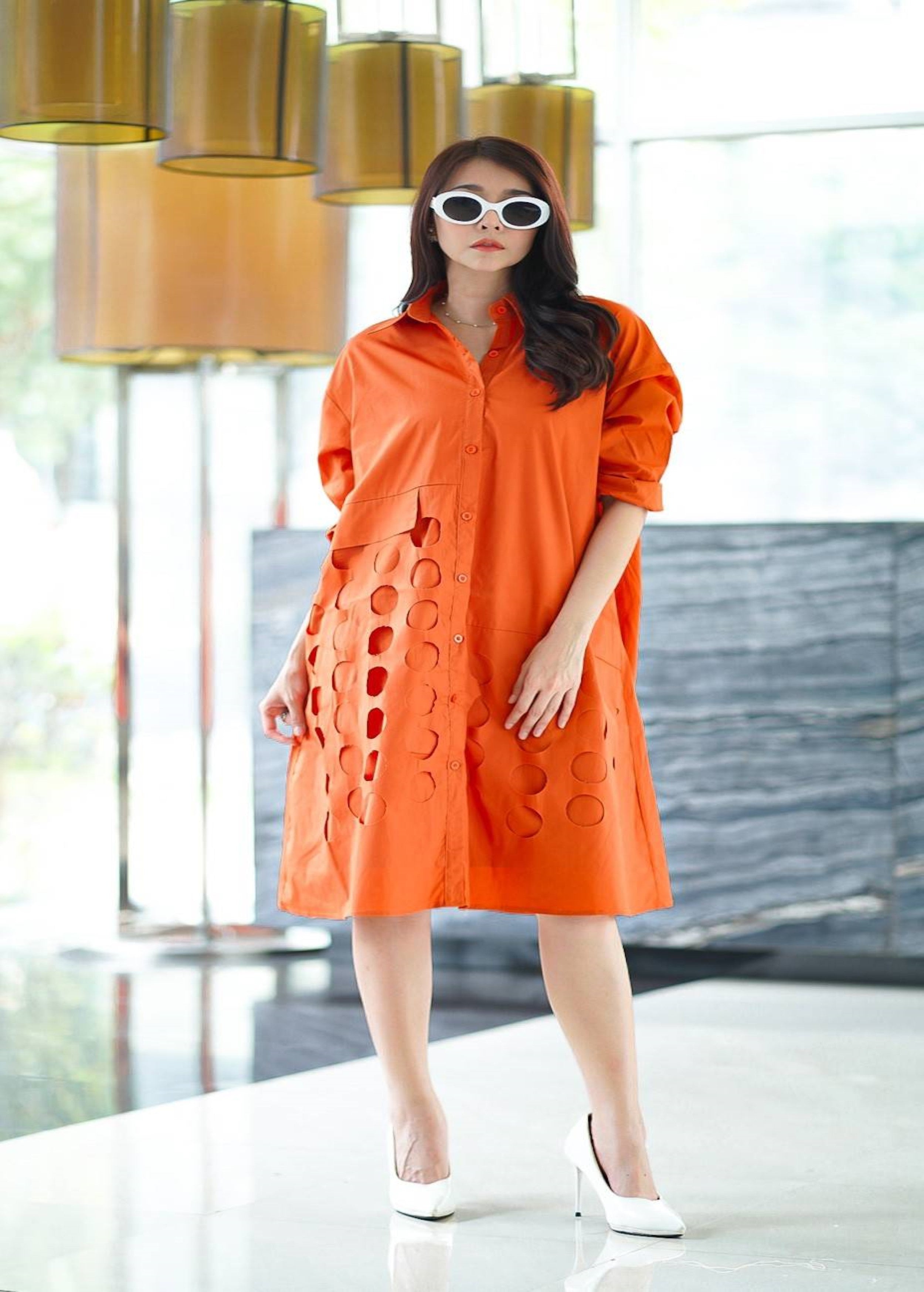 Bright Tangerine Die Cut Panel Work Tunic Dress