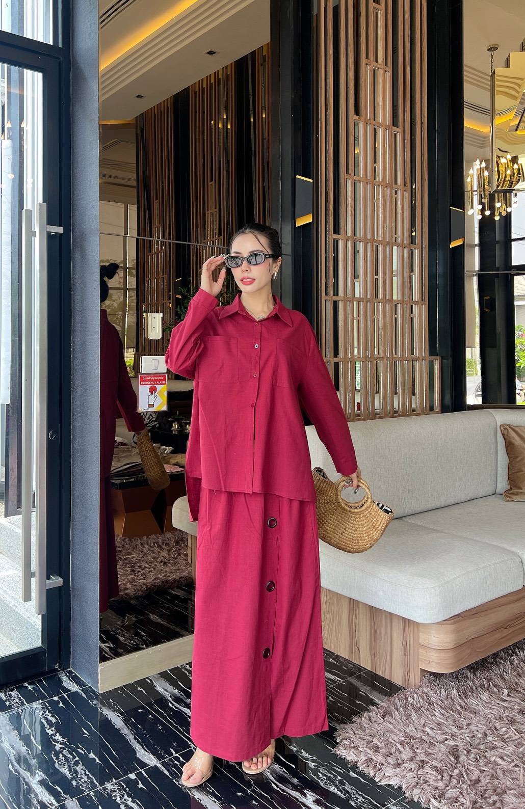 Berry Button-Detail Organic Cotton Co-Ord Set