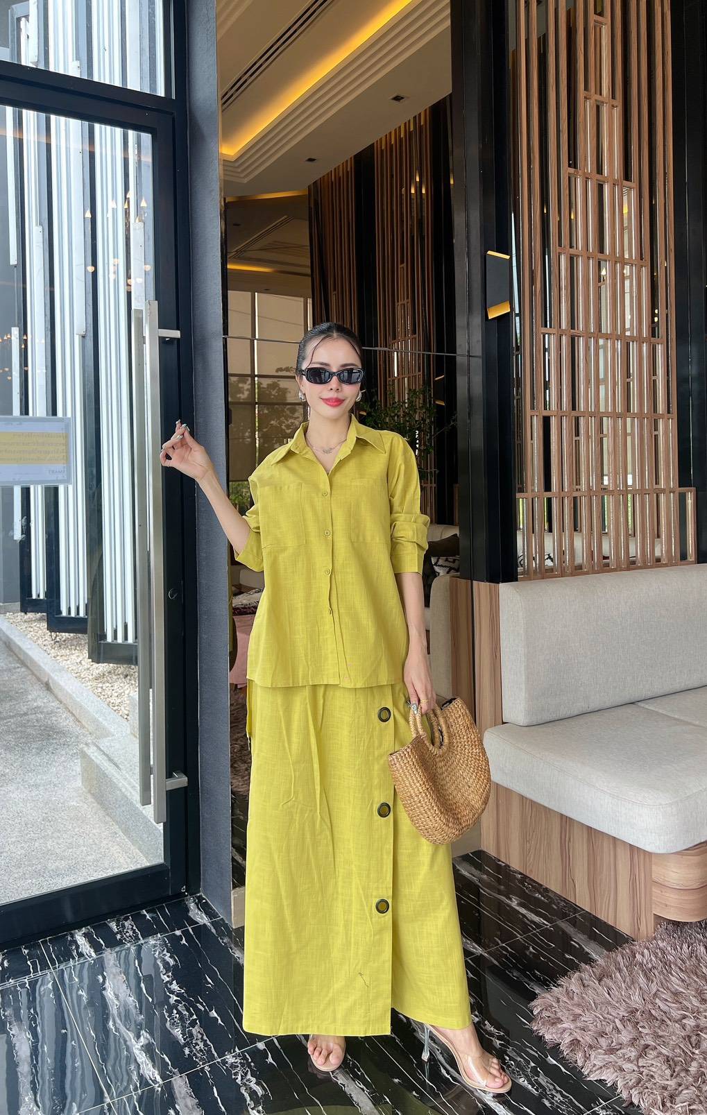 Greenish-Yellow Button-Detail Organic Cotton Co-Ord Set