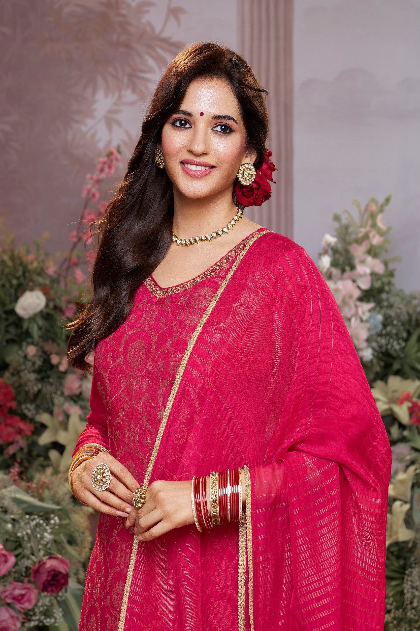 Hot Pink Embellished Brocade Silk Pant Set