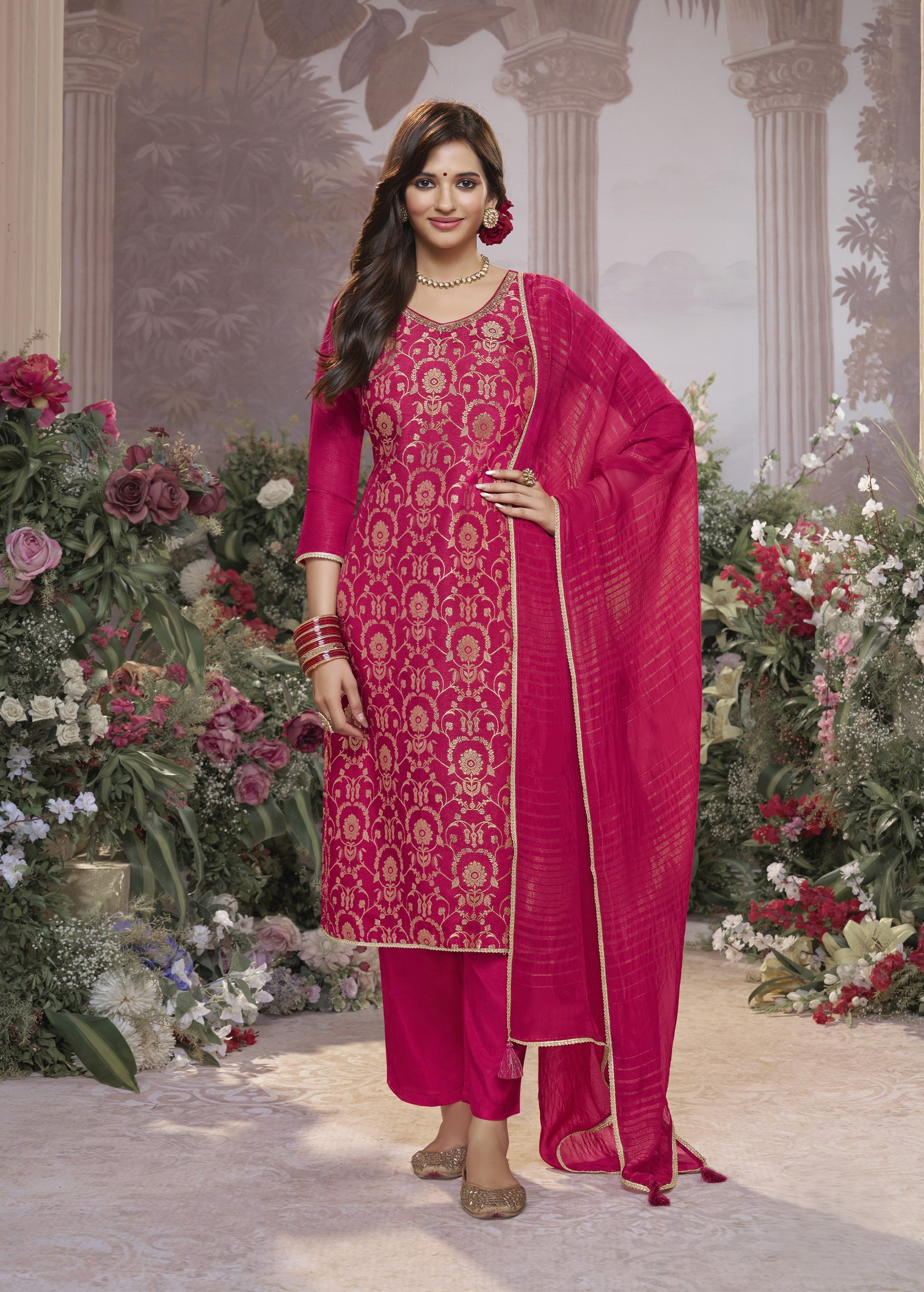 Hot Pink Embellished Brocade Silk Pant Set