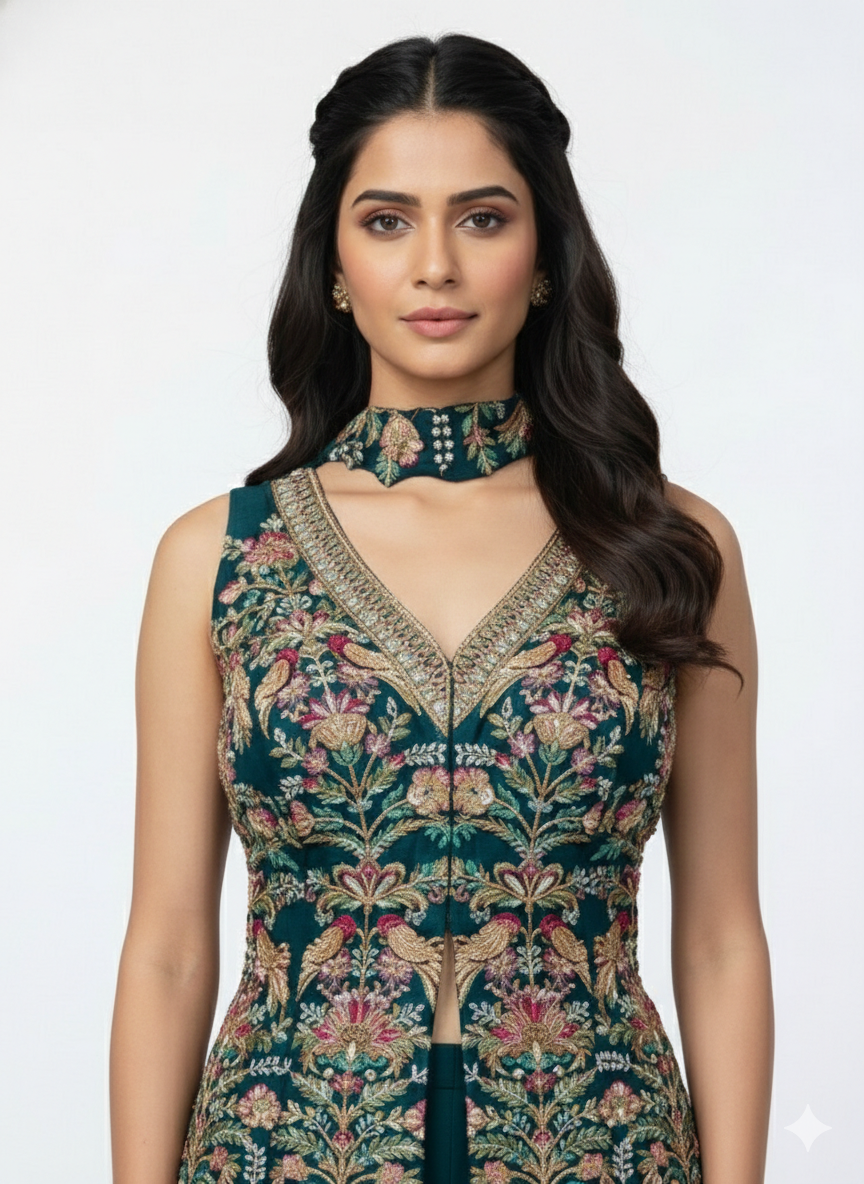 Rich Teal Embellished Georgette Silk Palazzo Set