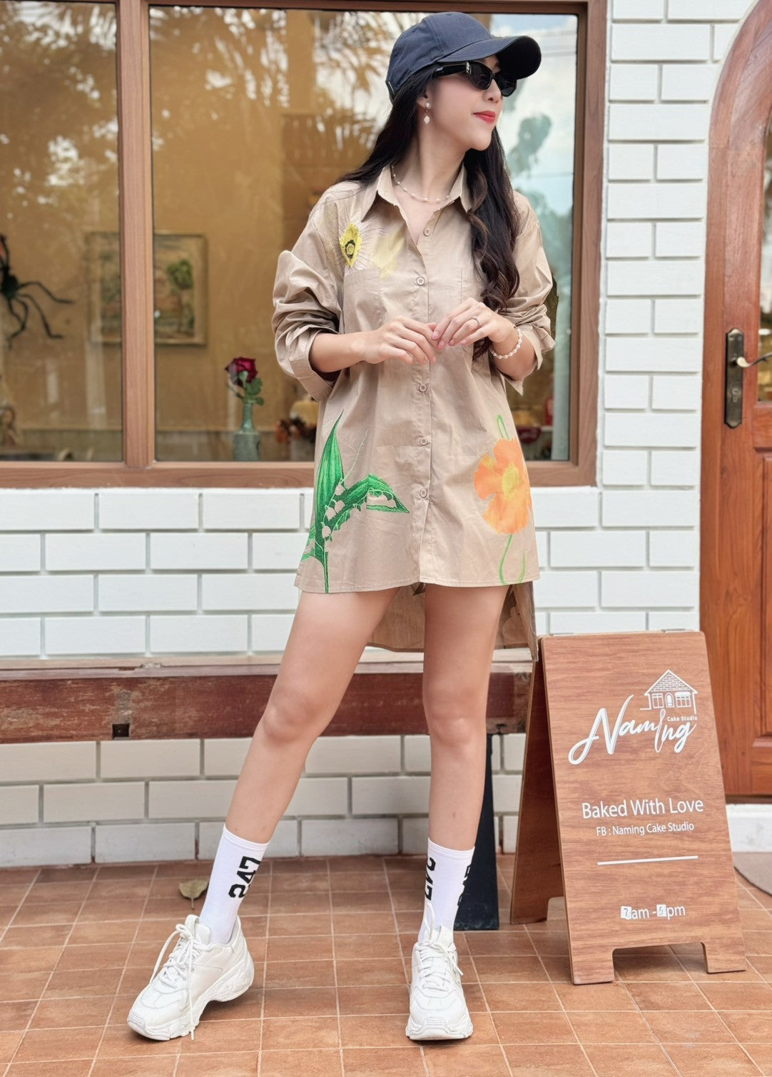 Beige Botanical Printed Cotton Shirt Dress