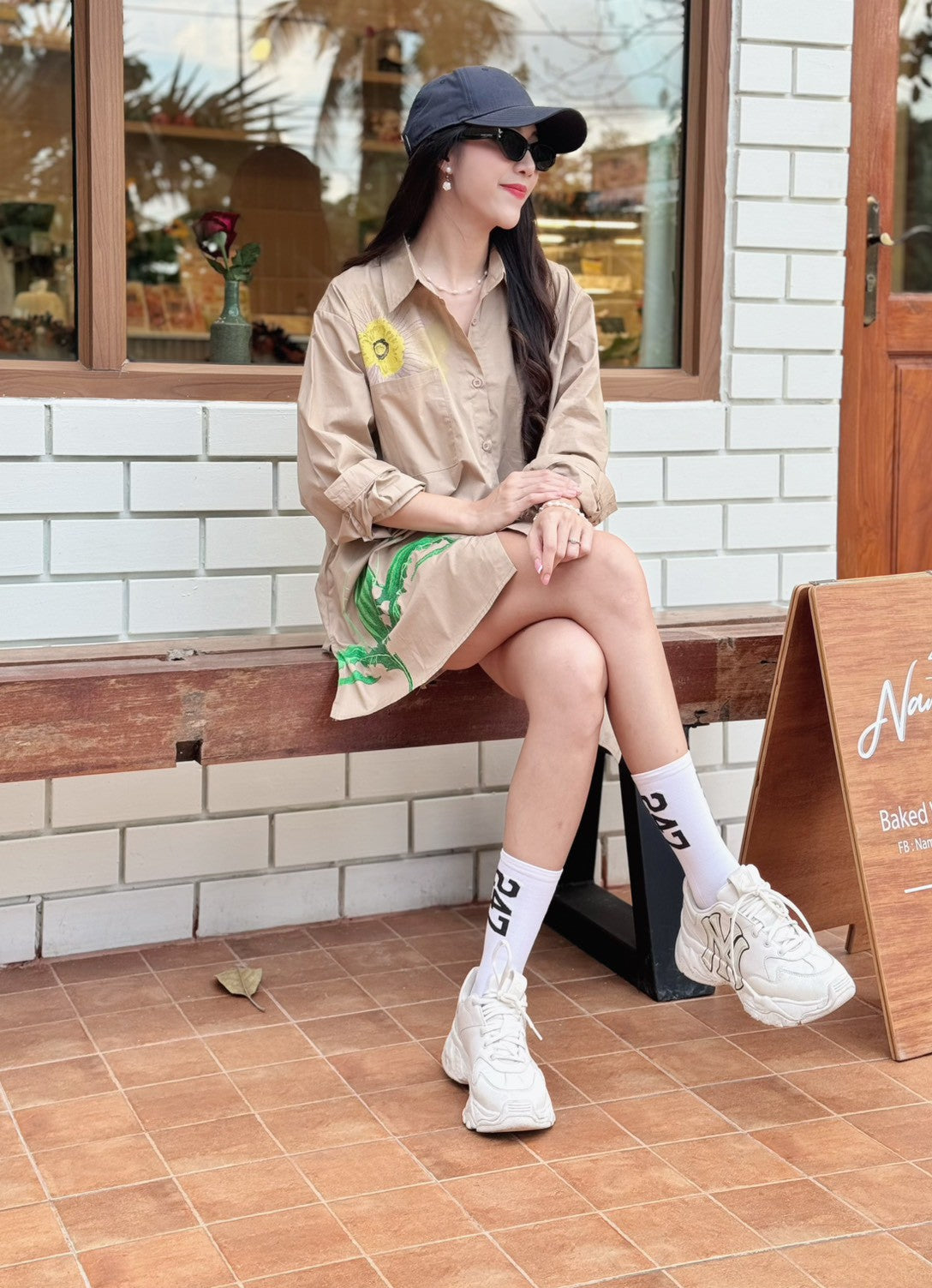 Beige Botanical Printed Cotton Shirt Dress