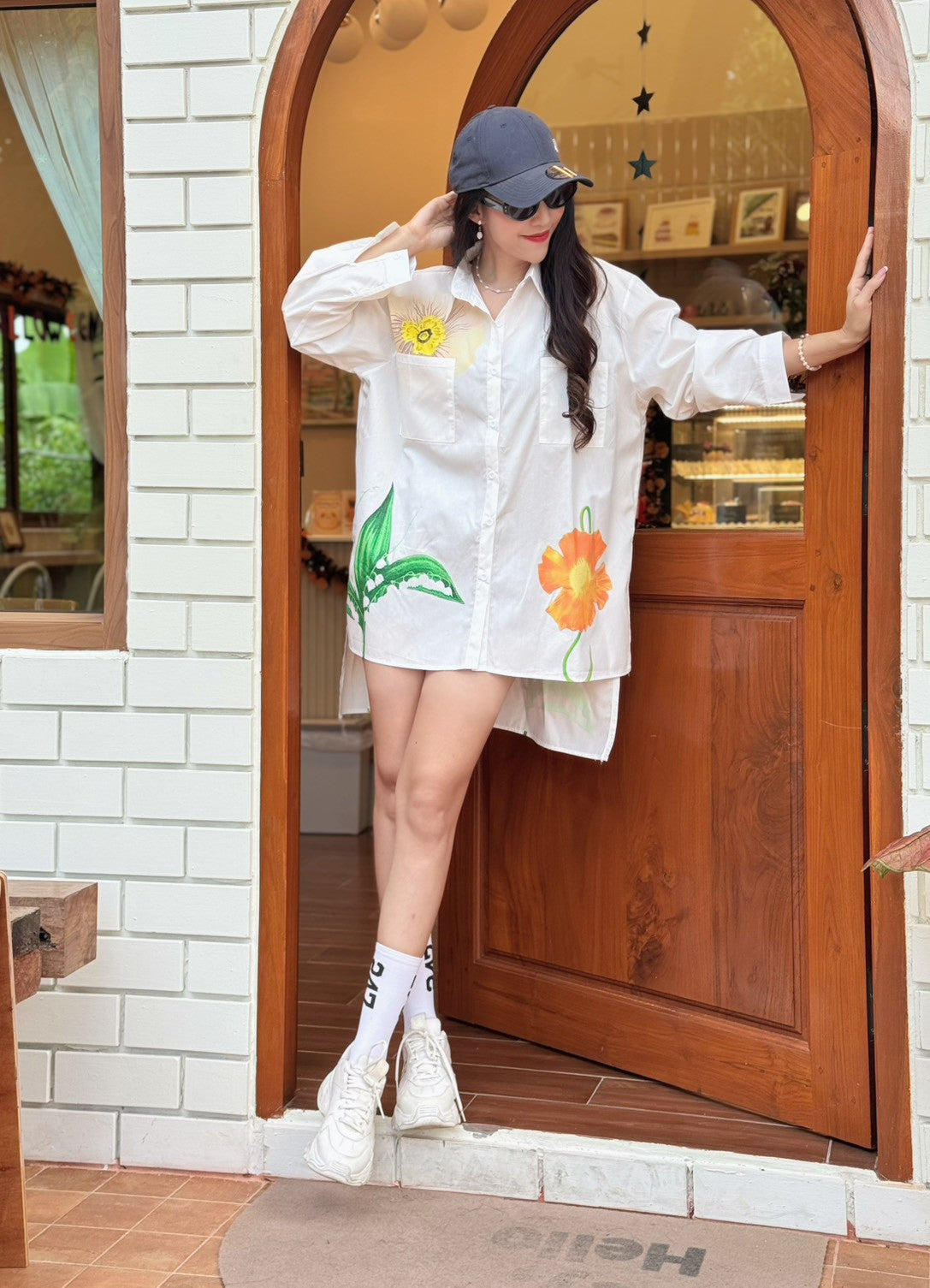 White Botanical Printed Cotton Shirt Dress