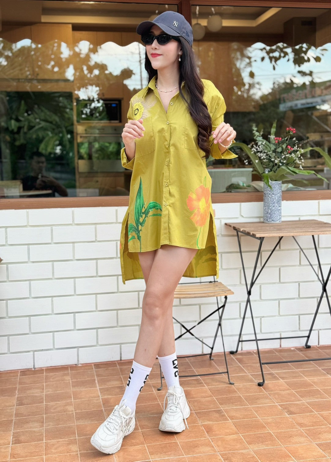 Olive Mustard Botanical Printed Cotton Shirt Dress