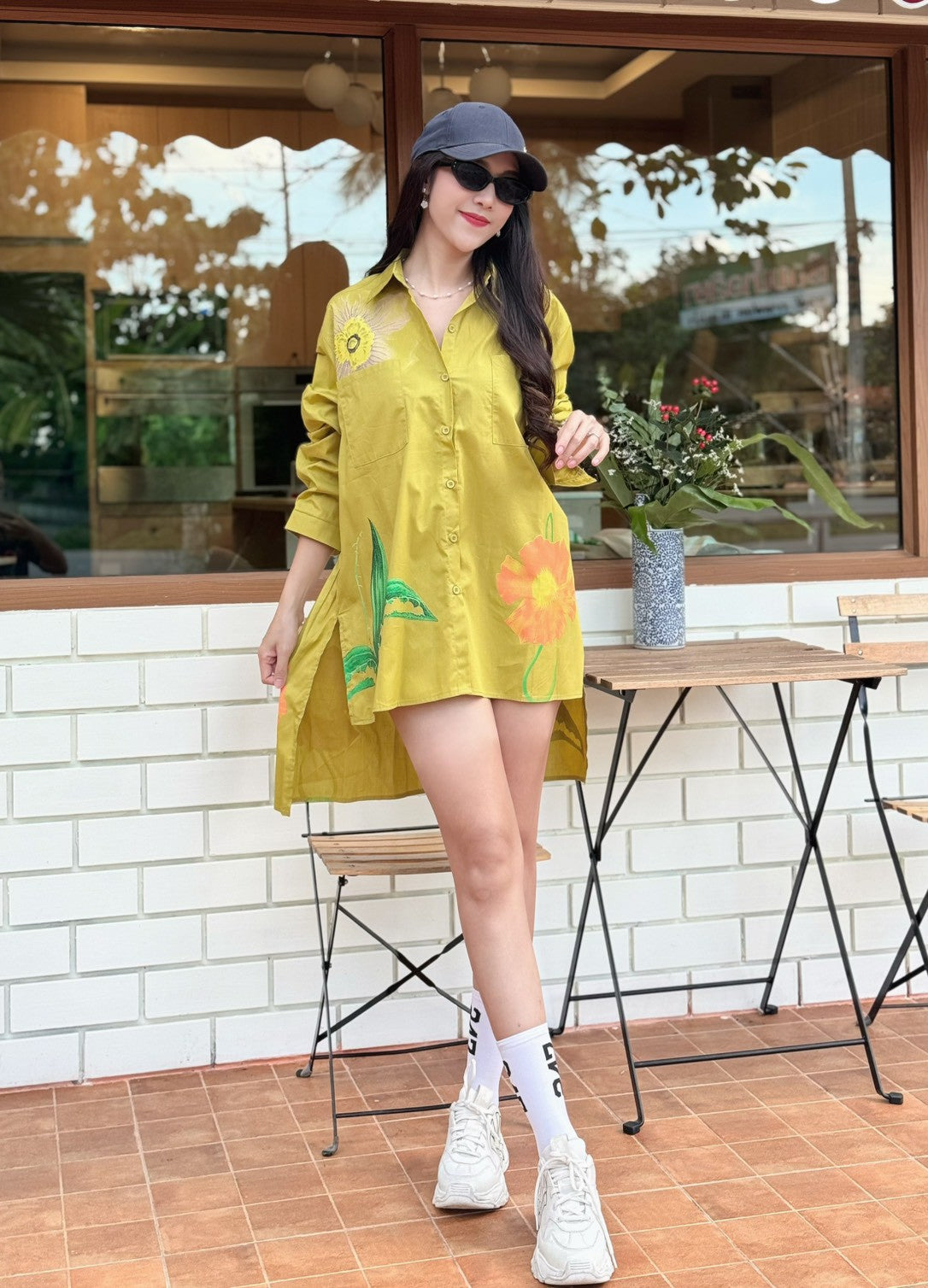 Olive Mustard Botanical Printed Cotton Shirt Dress