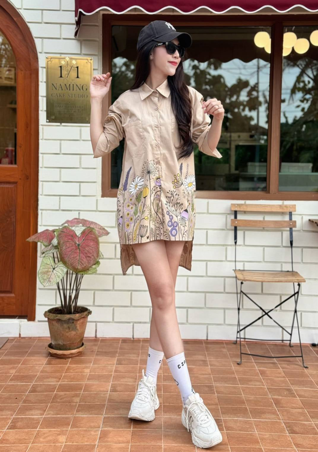 Khaki Beige Wildflower Meadow Cotton Shirt Dress