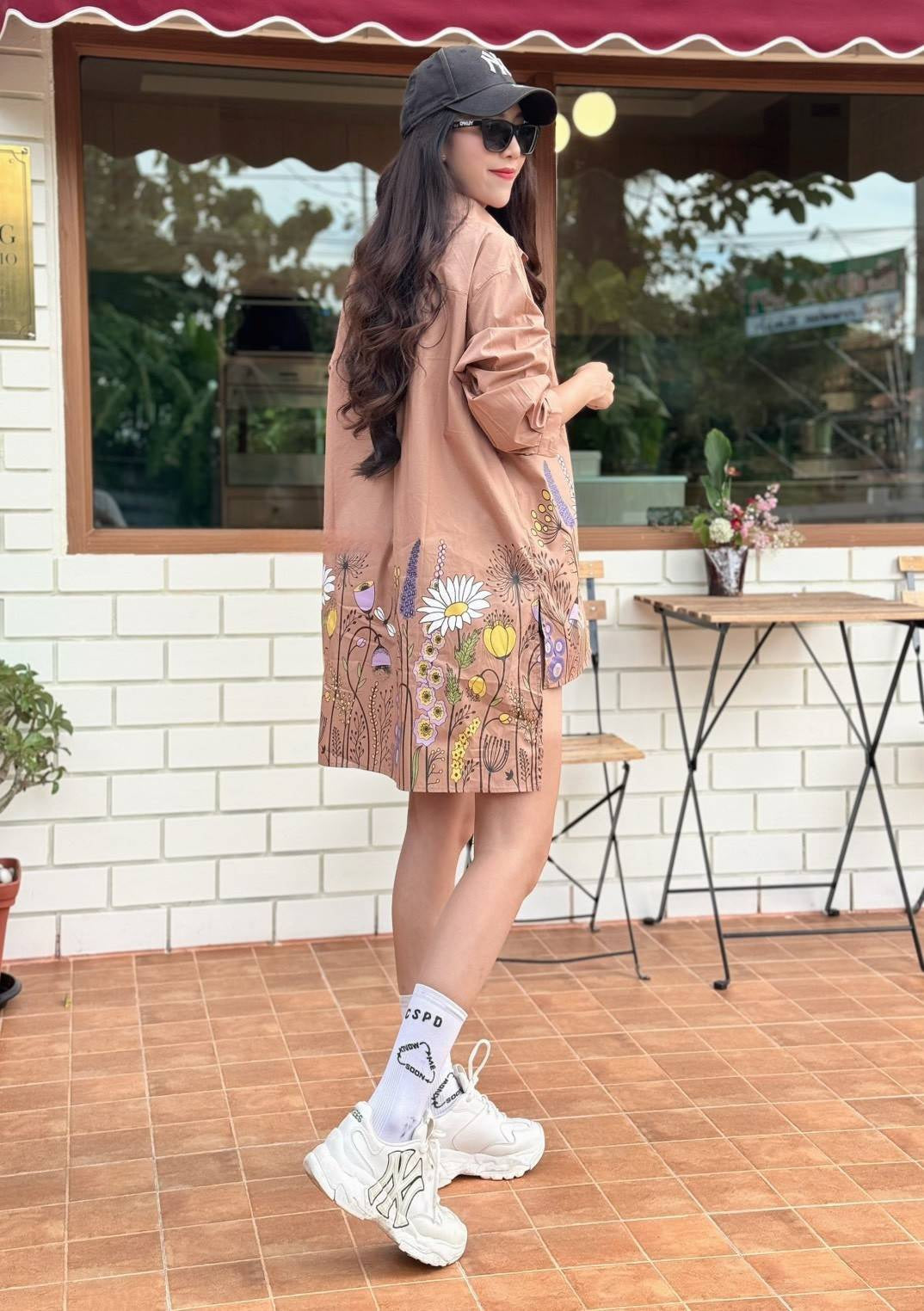 Camel Tan Wildflower Meadow Cotton Shirt Dress