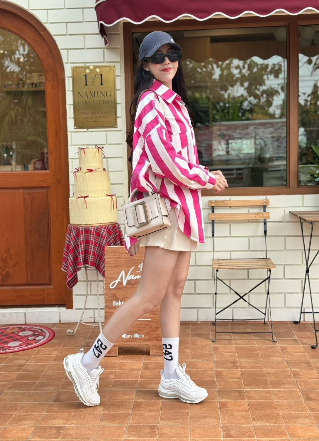 Hot Pink-White Bold Striped Oversized Light Denim Shirt