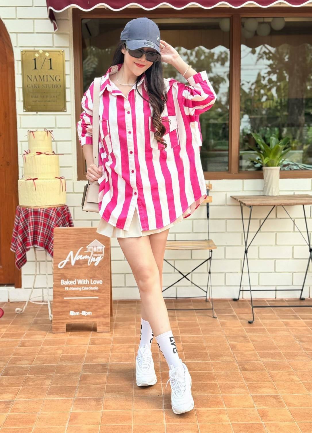 Hot Pink-White Bold Striped Oversized Light Denim Shirt